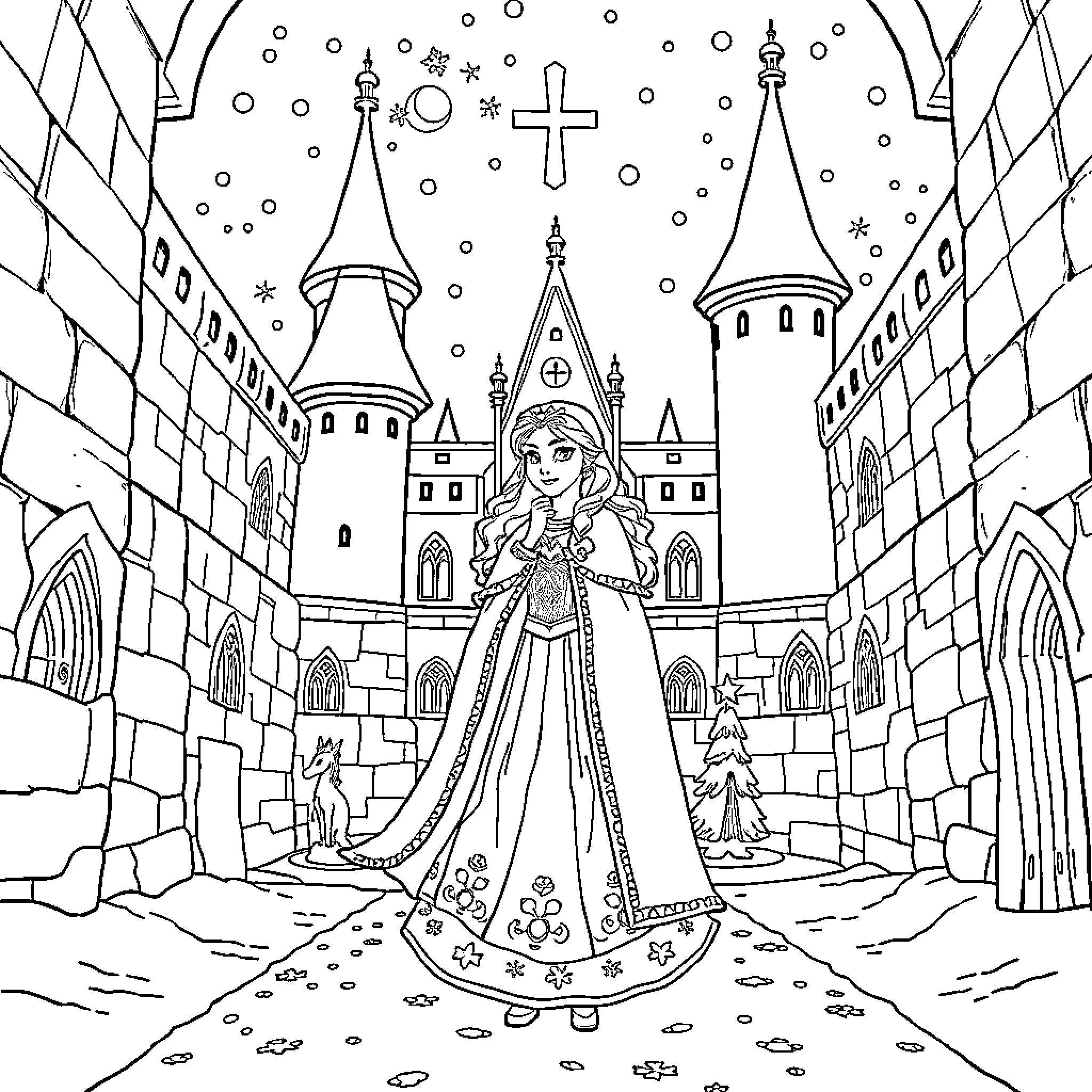 Anna's Enchanted Castle Adventure Coloring Page (free black-and-white line drawing printable PDF for all, from beginners to advanced learners, including children, teens, adults, and seniors)