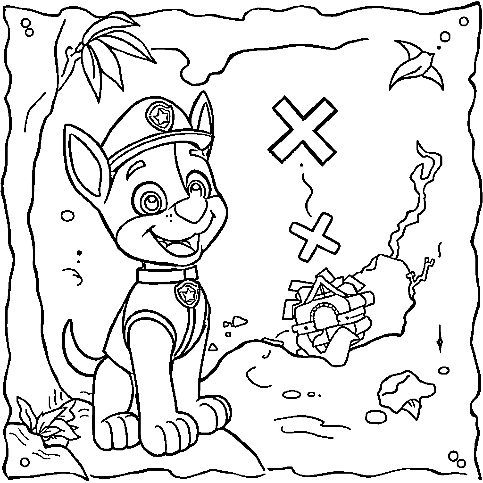 Treasure Map Adventure of the Curious Pup Coloring Page (free black-and-white line drawing printable PDF for all, from beginners to advanced learners, including children, teens, adults, and seniors)