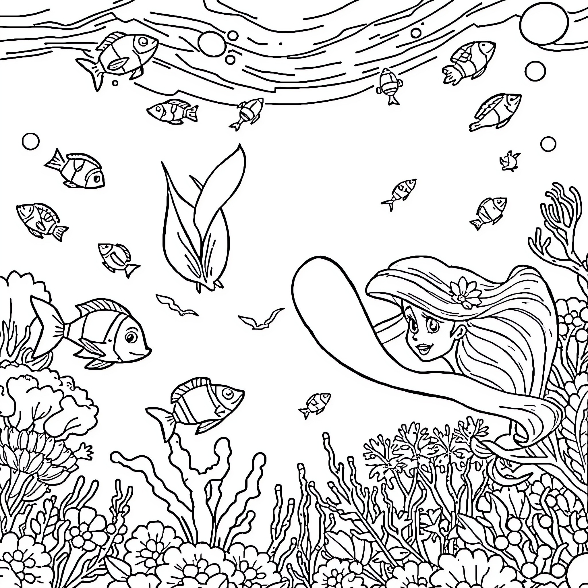 Ariel's Underwater Adventure Coloring Page (free black-and-white line drawing printable PDF for all, from beginners to advanced learners, including children, teens, adults, and seniors)