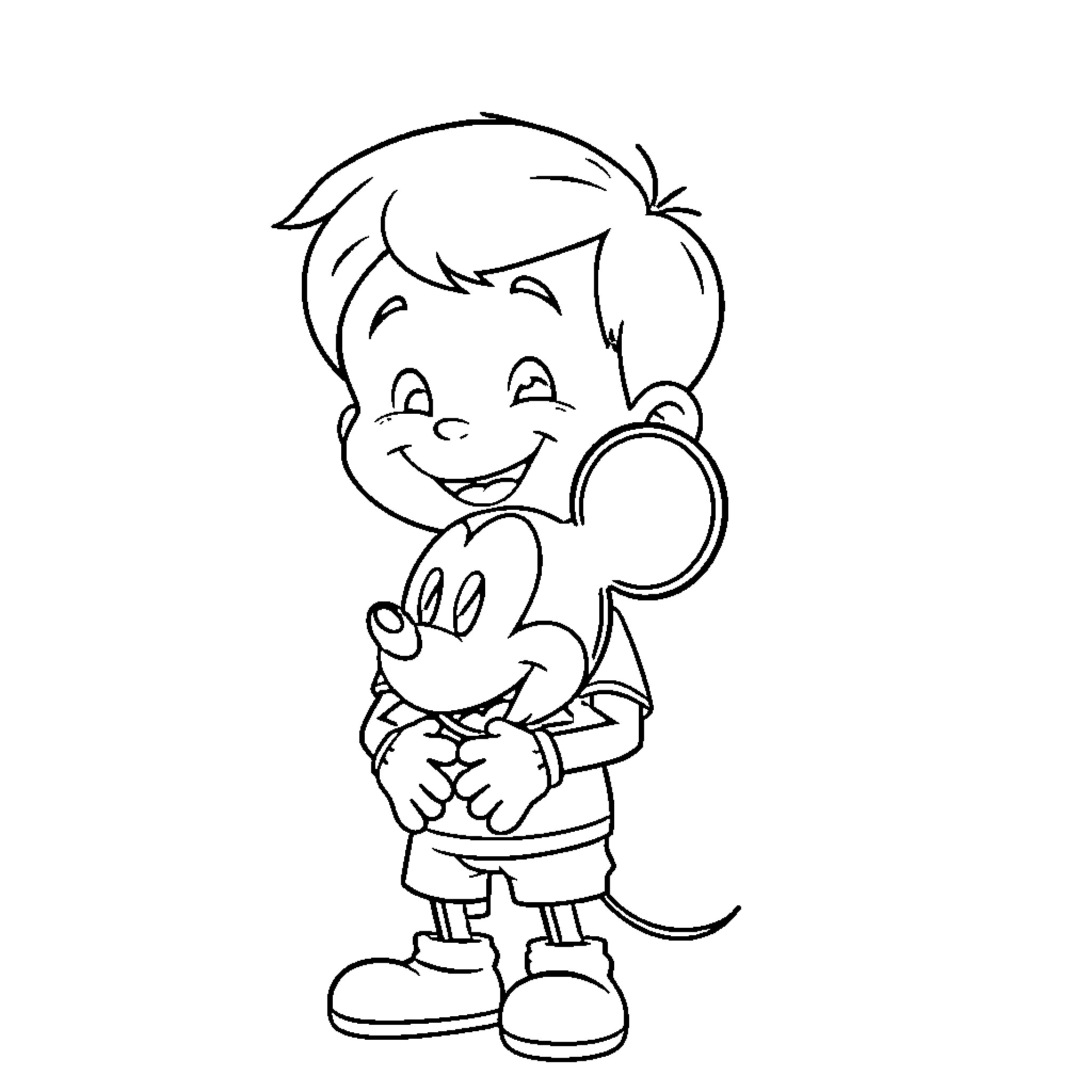 Boy happily holding a small cartoon character Coloring Page (free black-and-white line drawing printable PDF for all, from beginners to advanced learners, including children, teens, adults, and seniors)