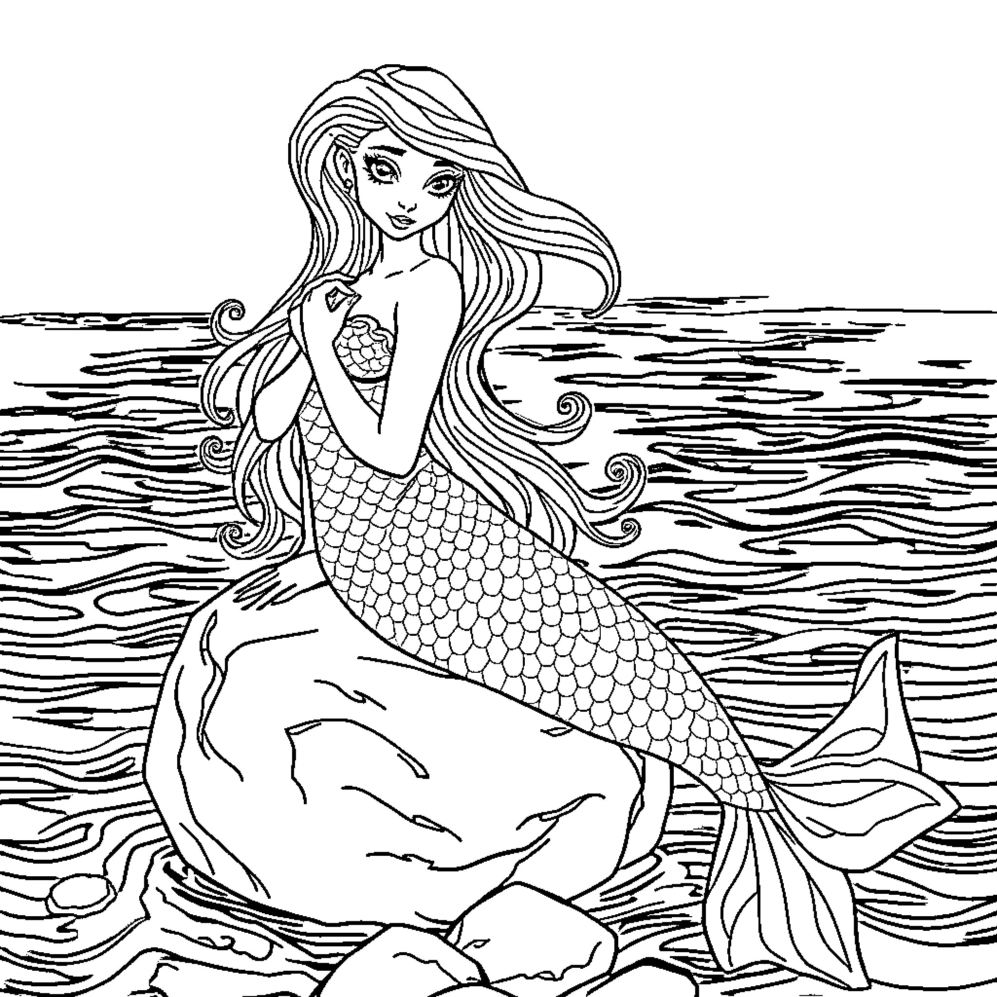 Mermaid with flowing hair sitting on rocks Coloring Page (free black-and-white line drawing printable PDF for all, from beginners to advanced learners, including children, teens, adults, and seniors)