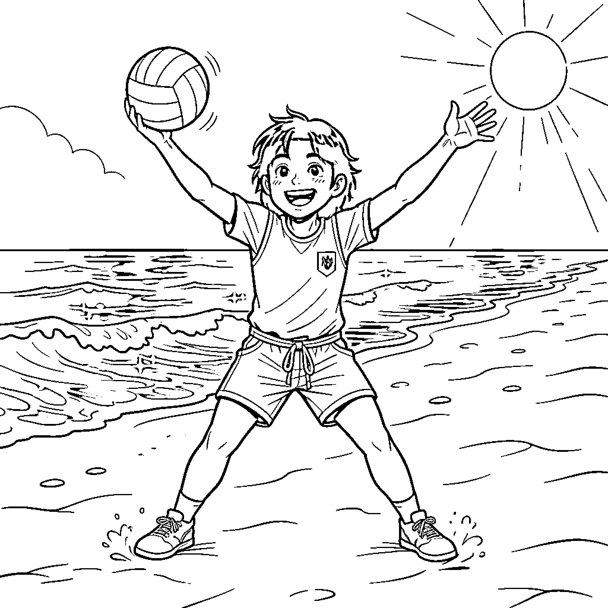 Rumi's Joyful Beach Volleyball Coloring Page (free black-and-white line drawing printable PDF for all, from beginners to advanced learners, including children, teens, adults, and seniors)