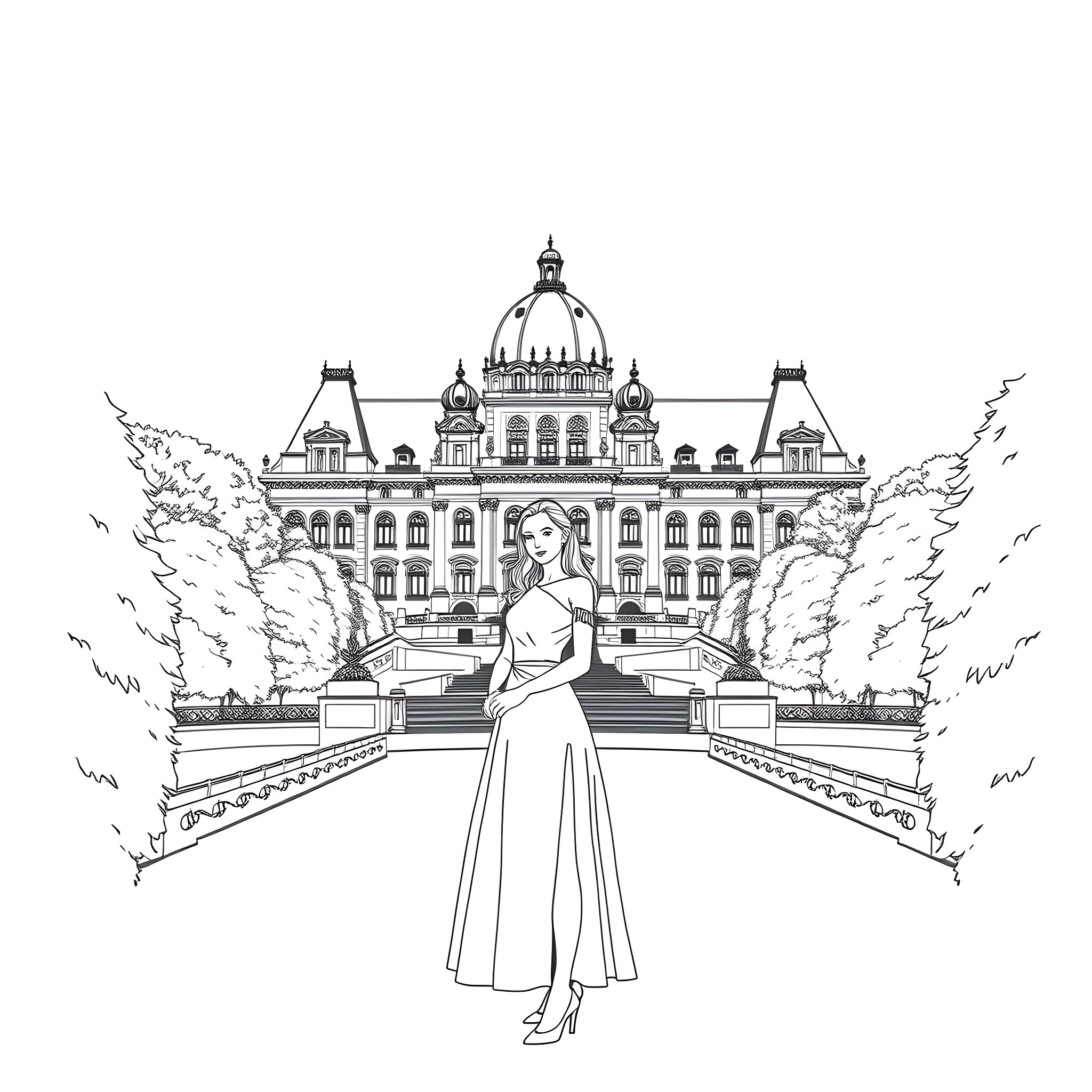 Lady in elegant dress stands before grand palace Coloring Page (free black-and-white line drawing printable PDF for all, from beginners to advanced learners, including children, teens, adults, and seniors)