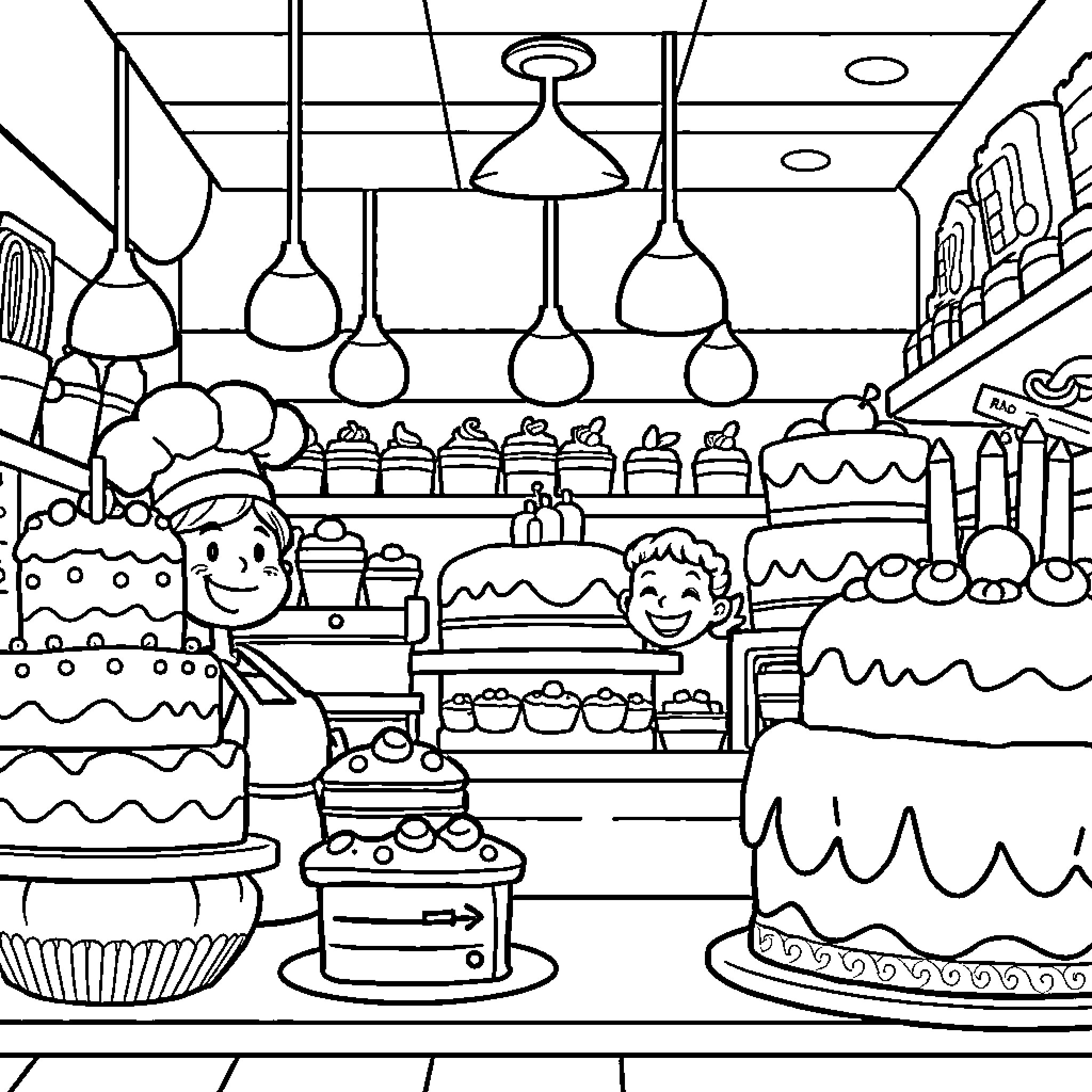 Bakery with Cheerful Customers and Delightful Desserts Coloring Page (free black-and-white line drawing printable PDF for all, from beginners to advanced learners, including children, teens, adults, and seniors)