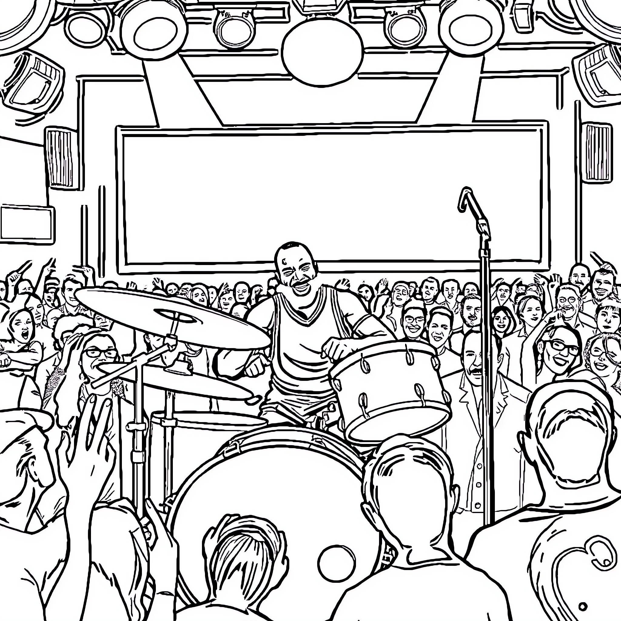 Shaq Performs Lively Drum Solo for Cheering Crowd Coloring Page (free black-and-white line drawing printable PDF for all, from beginners to advanced learners, including children, teens, adults, and seniors)