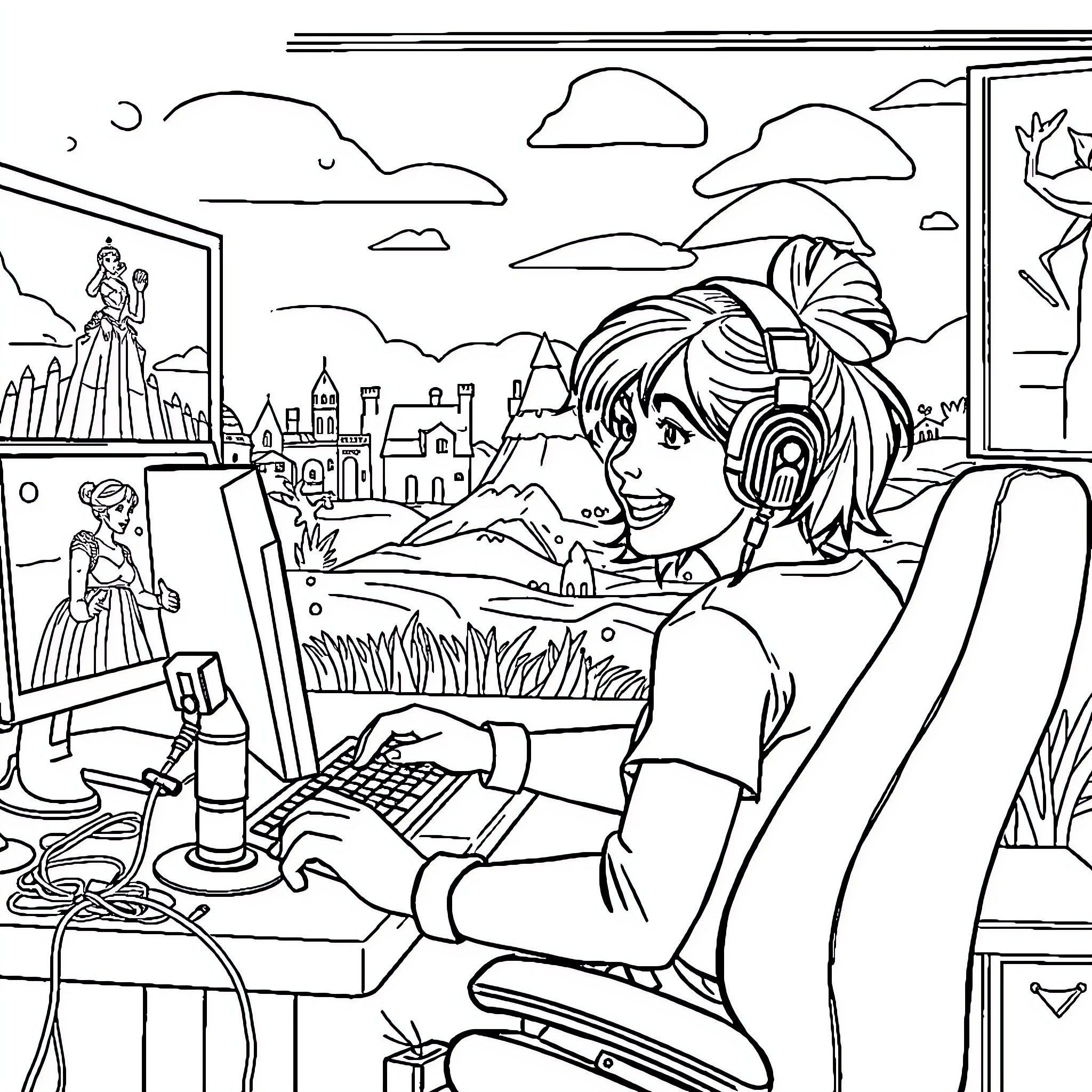 Careli Ruiz creates digital artwork in her studio Coloring Page (free black-and-white line drawing printable PDF for all, from beginners to advanced learners, including children, teens, adults, and seniors)