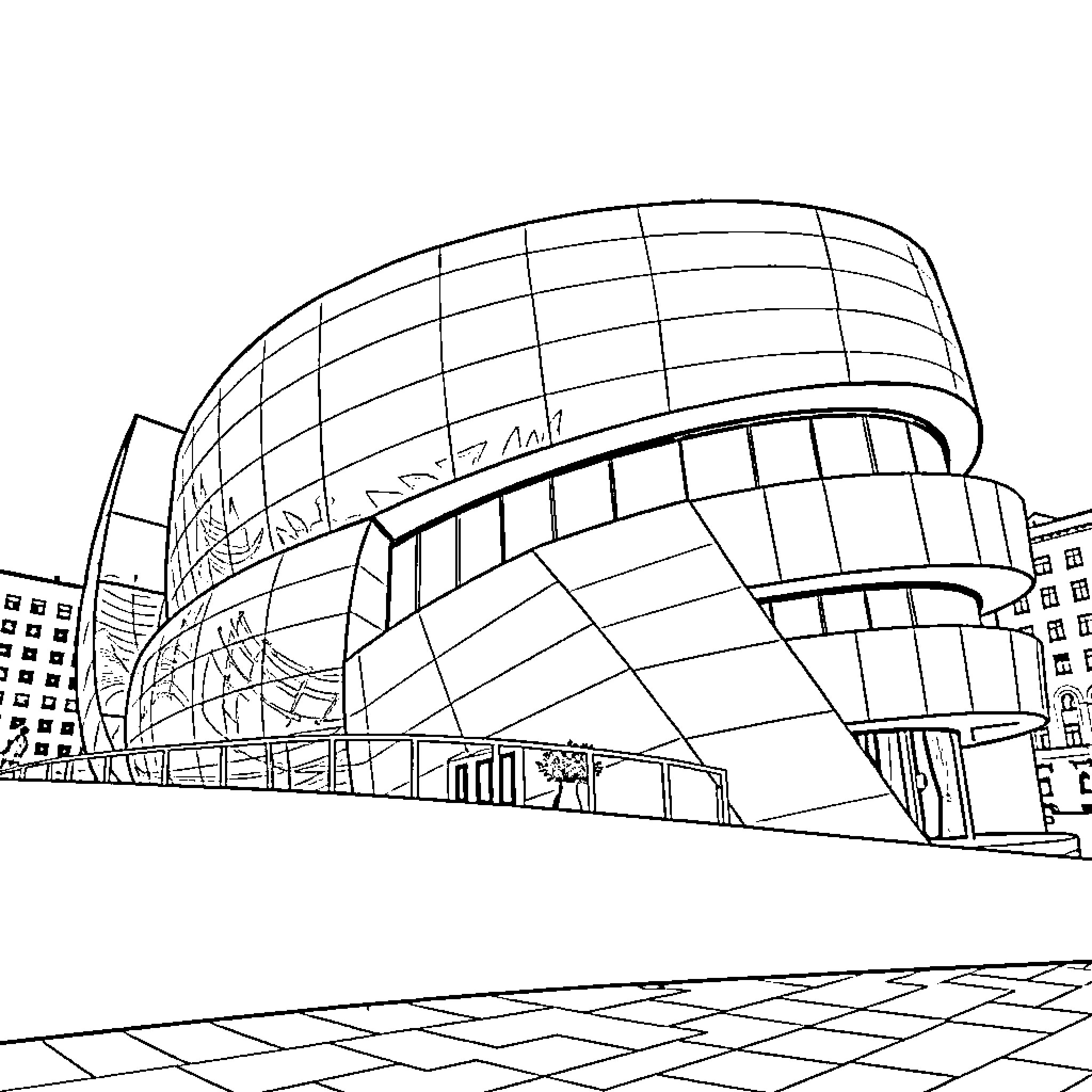 Guggenheim Museum's Architectural Design and Structure Coloring Page (free black-and-white line drawing printable PDF for all, from beginners to advanced learners, including children, teens, adults, and seniors)