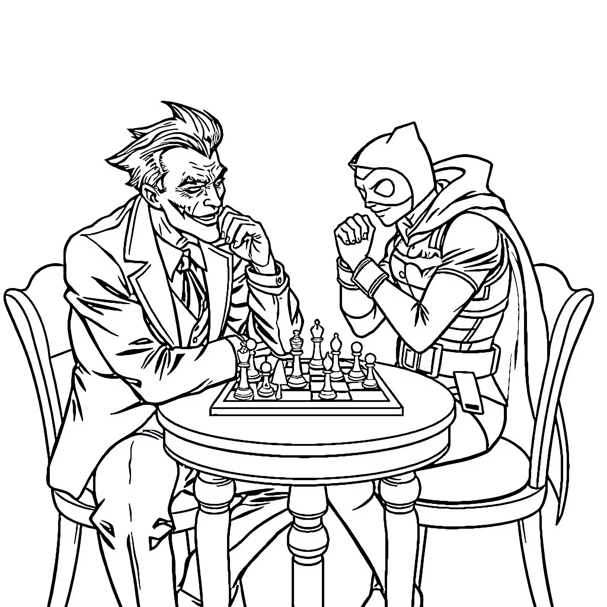Joker playing chess with a masked opponent Coloring Page (free black-and-white line drawing printable PDF for all, from beginners to advanced learners, including children, teens, adults, and seniors)