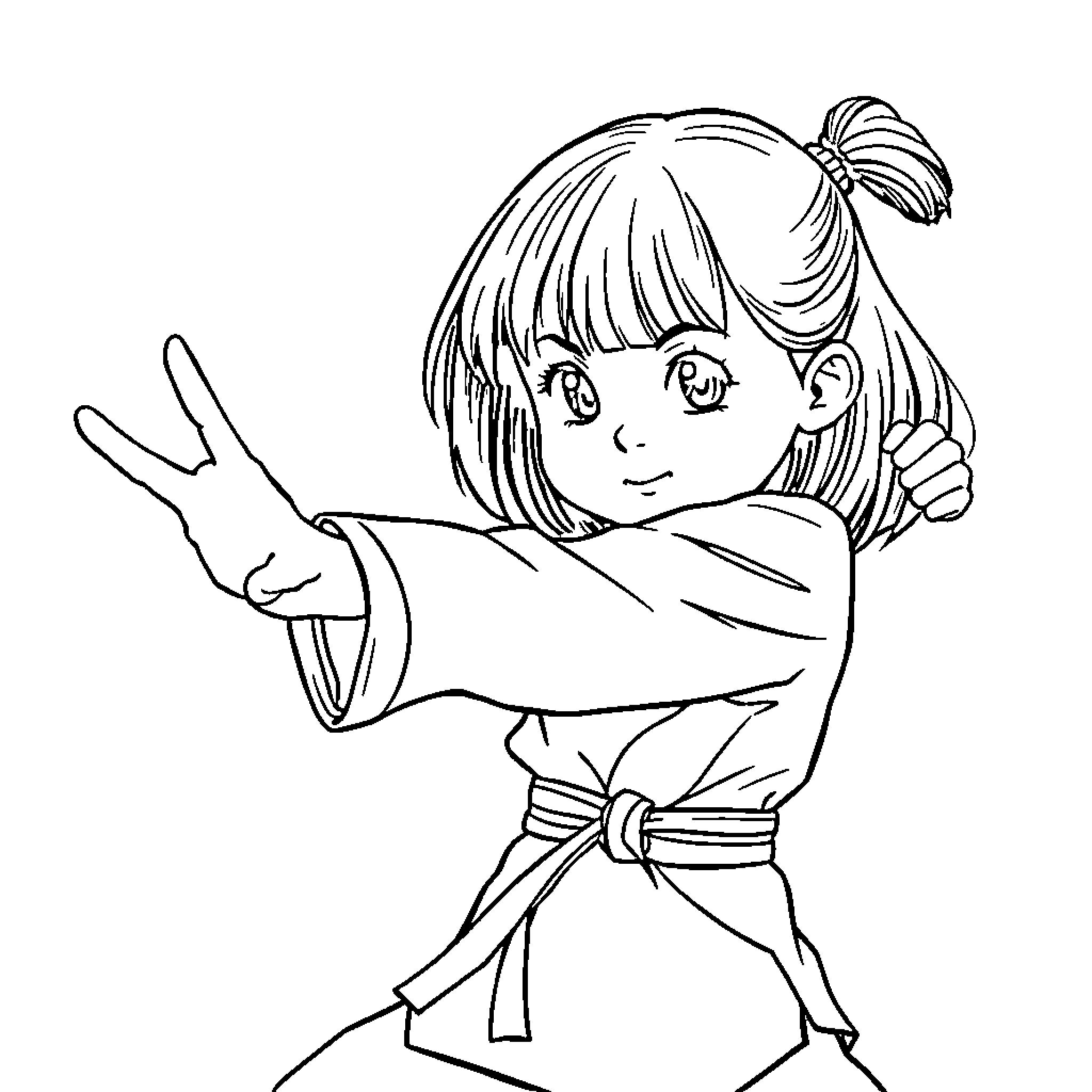 Girl practicing martial arts with enthusiasm Coloring Page (free black-and-white line drawing printable PDF for all, from beginners to advanced learners, including children, teens, adults, and seniors)