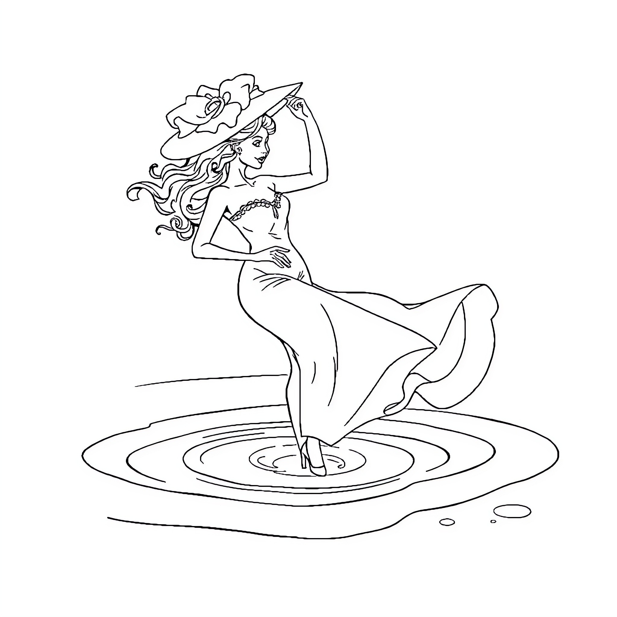 Flamingo-themed woman dancing in a pool Coloring Page (free black-and-white line drawing printable PDF for all, from beginners to advanced learners, including children, teens, adults, and seniors)