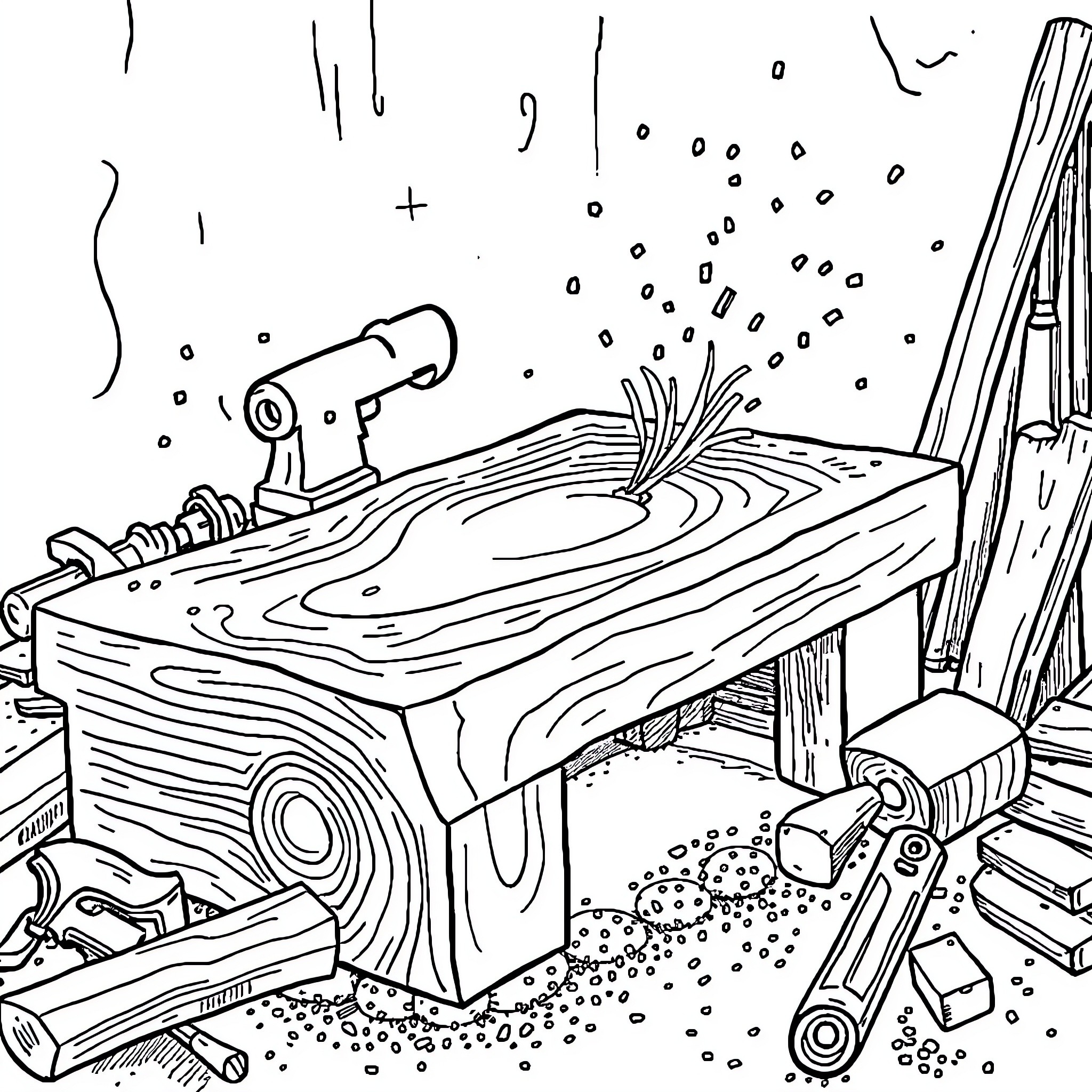 Woodworking tools and workbench with sawdust Coloring Page (free black-and-white line drawing printable PDF for all, from beginners to advanced learners, including children, teens, adults, and seniors)