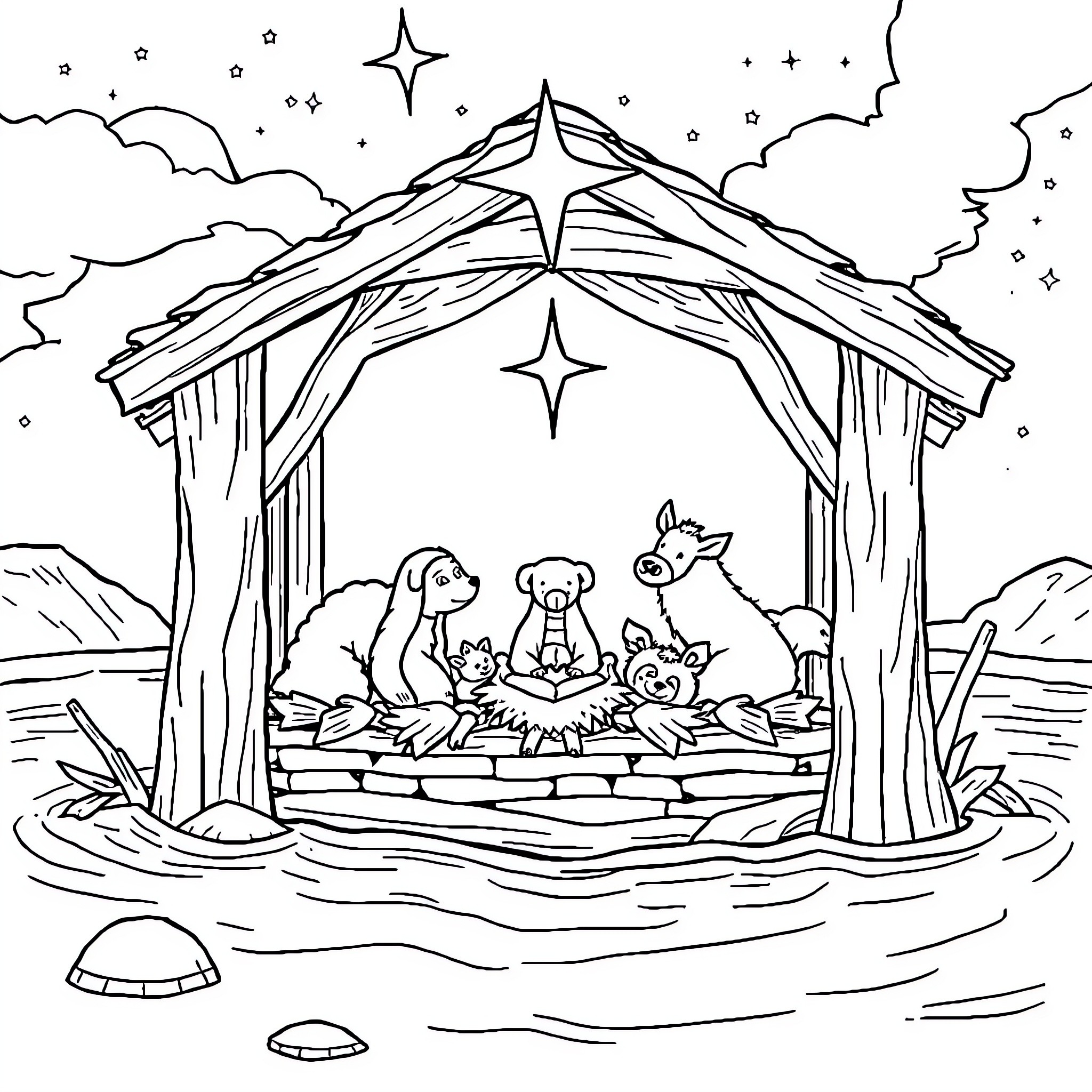 Noah's Ark Nativity Scene with Animals Coloring Page (free black-and-white line drawing printable PDF for all, from beginners to advanced learners, including children, teens, adults, and seniors)