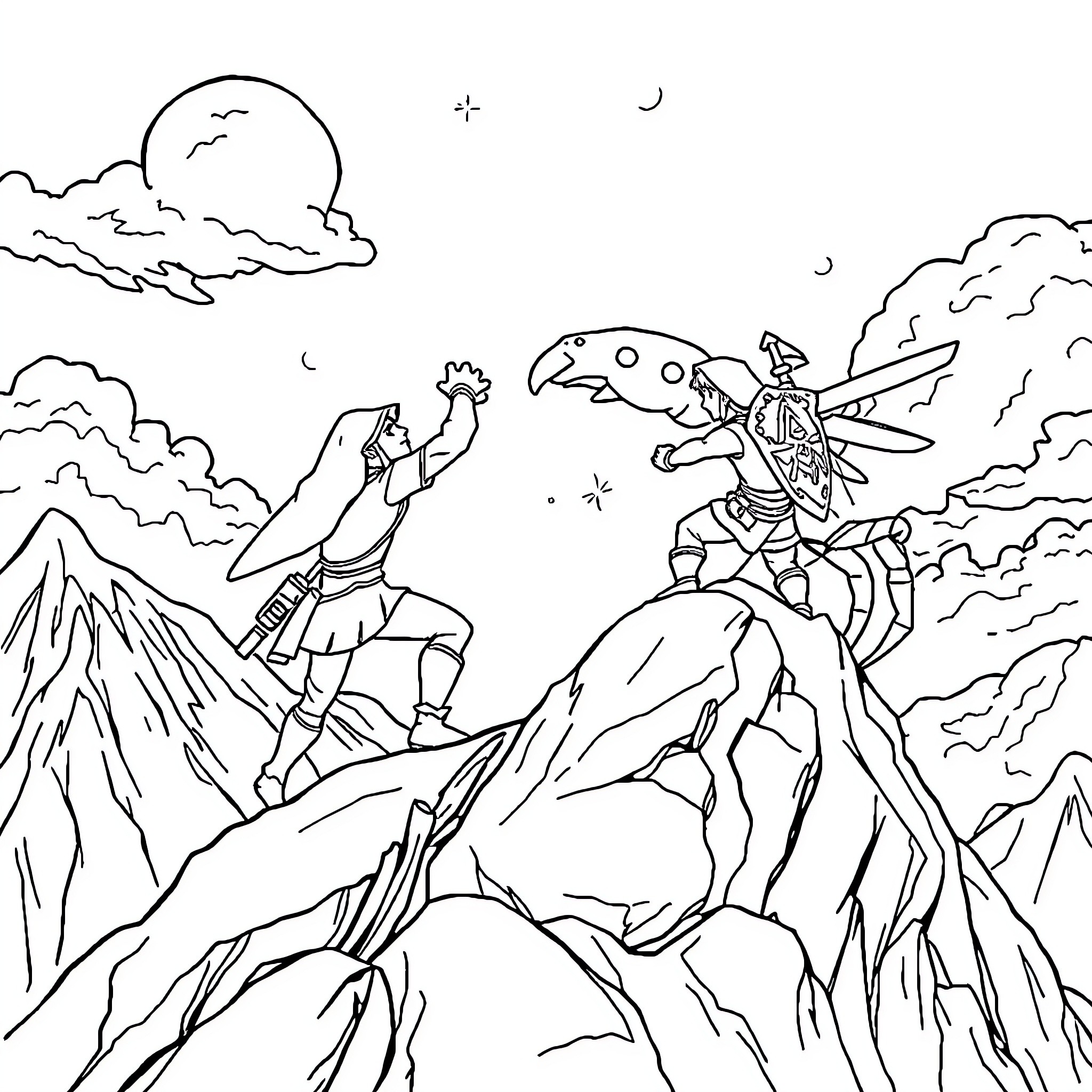 Link battling a giant insect in the mountains Coloring Page (free black-and-white line drawing printable PDF for all, from beginners to advanced learners, including children, teens, adults, and seniors)