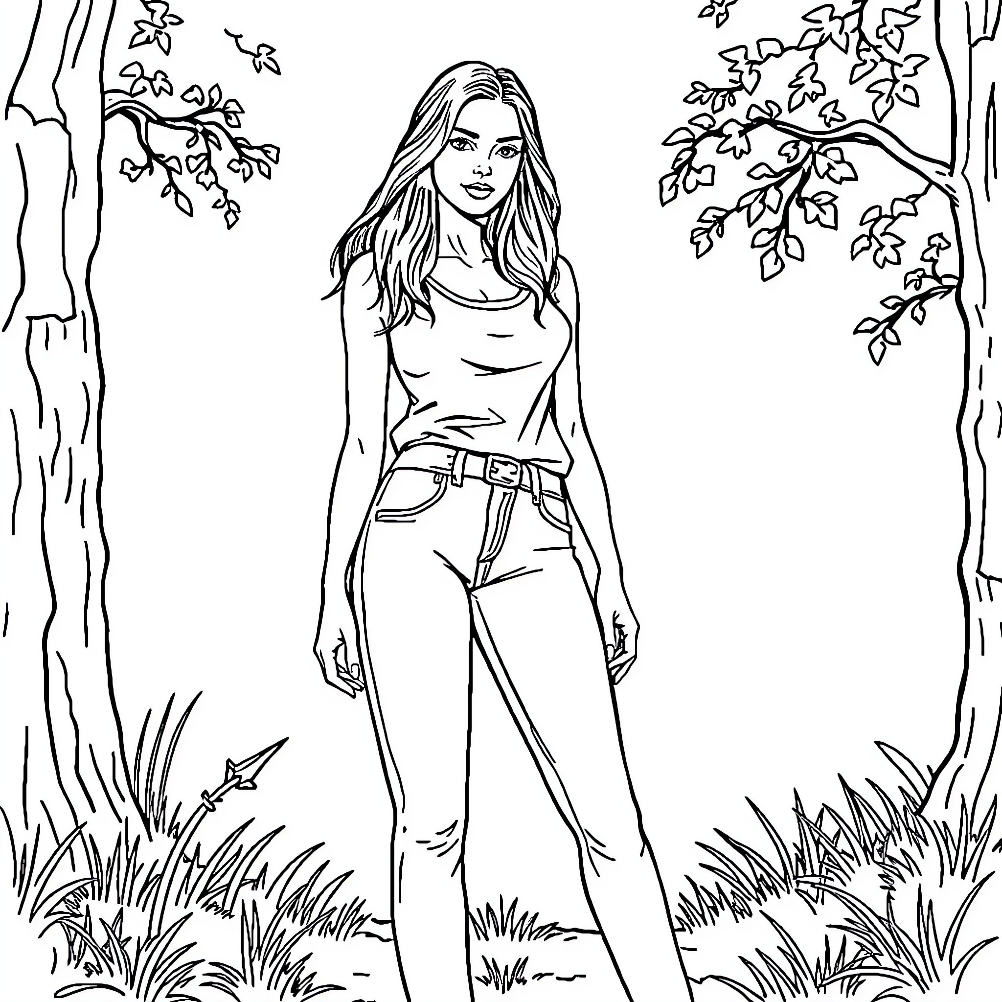 Woman enjoying nature outdoors Coloring Page (free black-and-white line drawing printable PDF for all, from beginners to advanced learners, including children, teens, adults, and seniors)