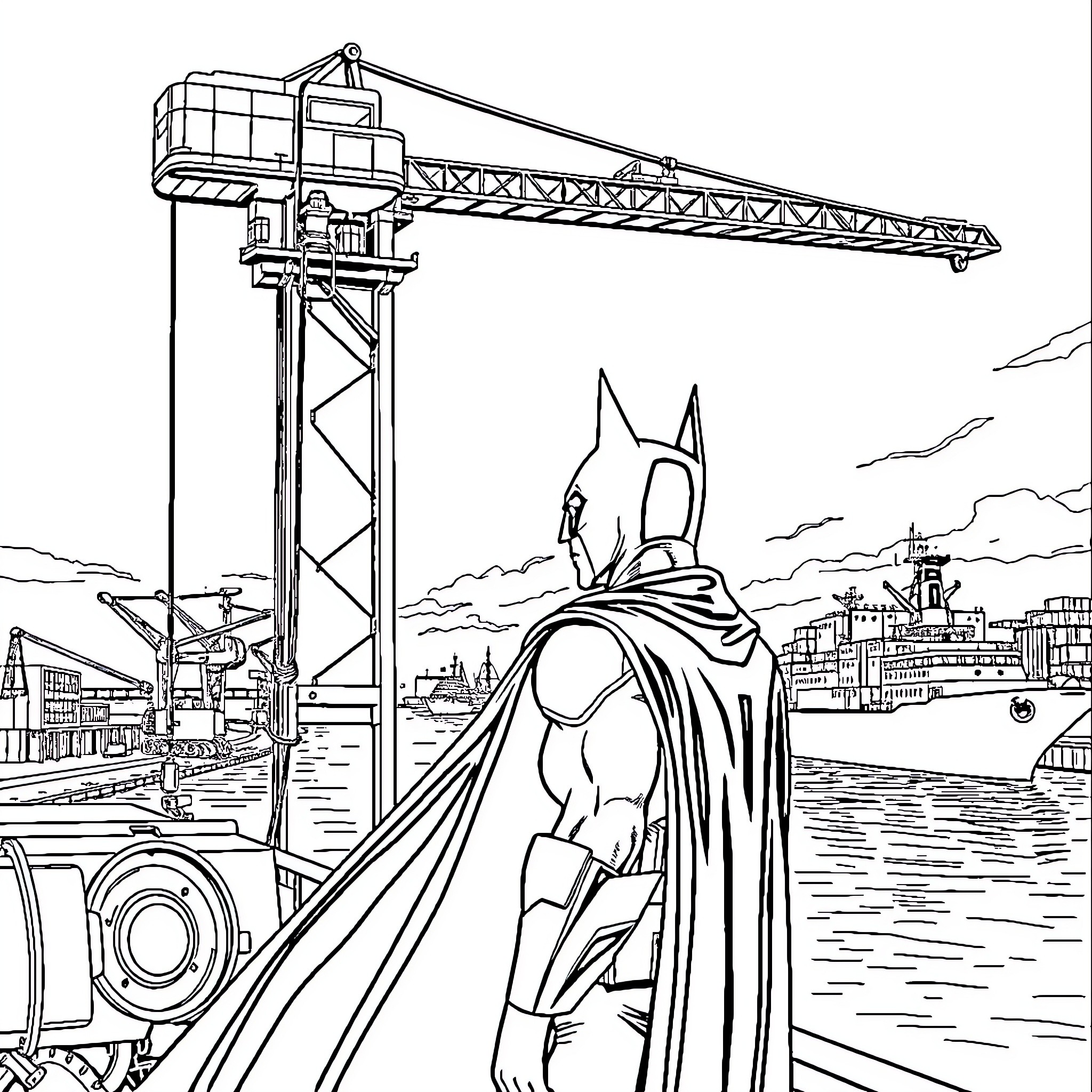 Batman overseeing construction in the city Coloring Page (free black-and-white line drawing printable PDF for all, from beginners to advanced learners, including children, teens, adults, and seniors)