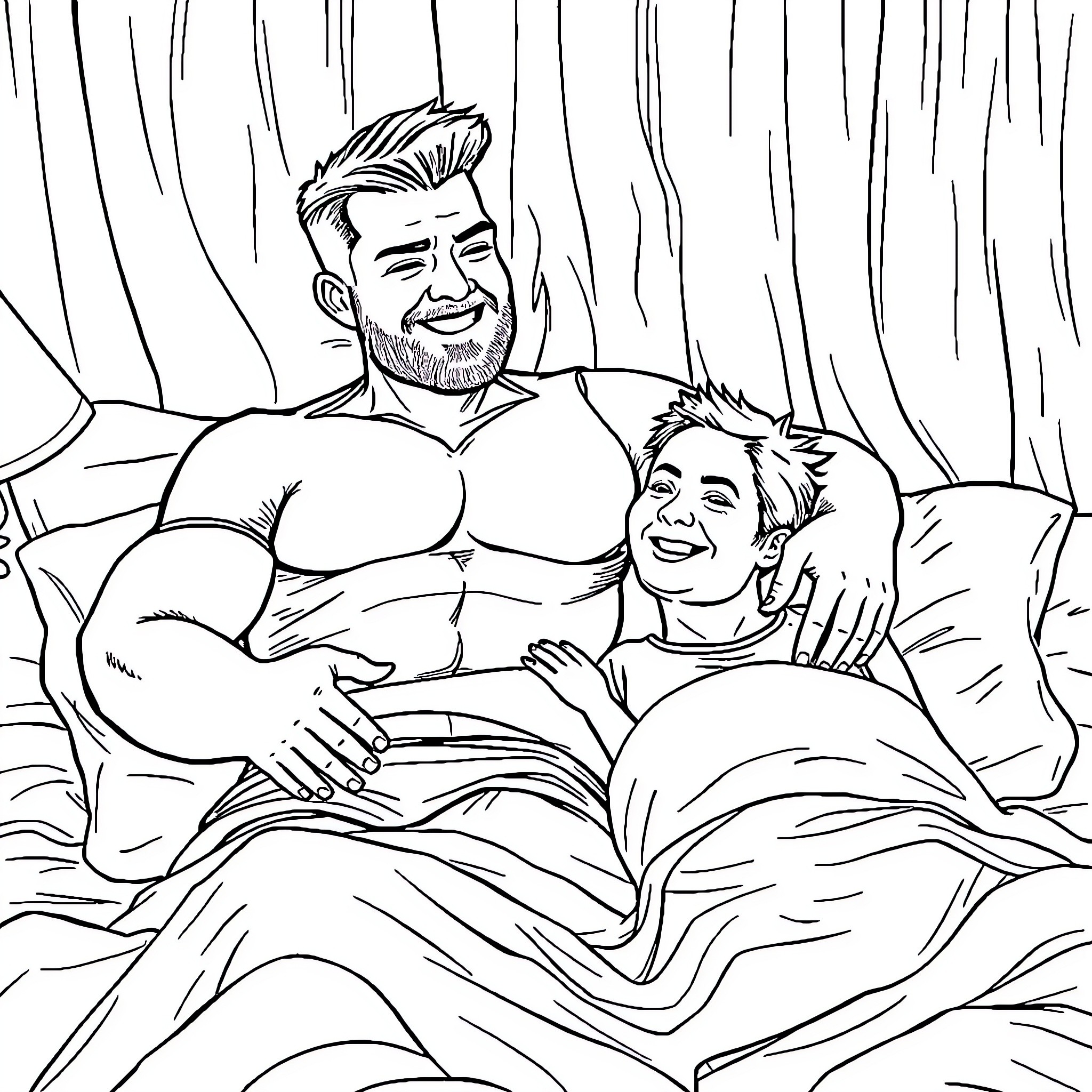 Guy comforting friend in bed Coloring Page (free black-and-white line drawing printable PDF for all, from beginners to advanced learners, including children, teens, adults, and seniors)