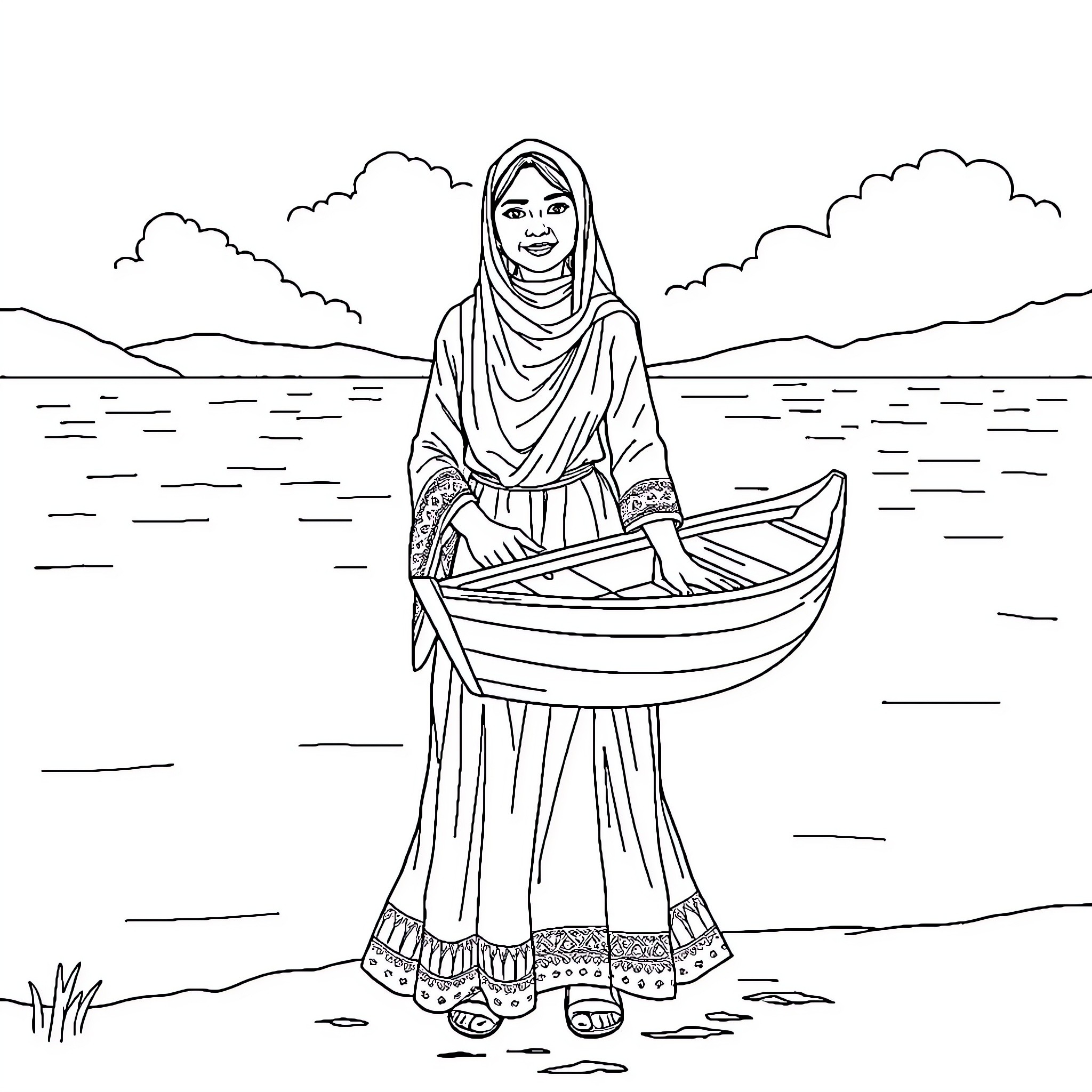 Yemila's Tranquil Boat Ride on the Peaceful Lake Coloring Page (free black-and-white line drawing printable PDF for all, from beginners to advanced learners, including children, teens, adults, and seniors)