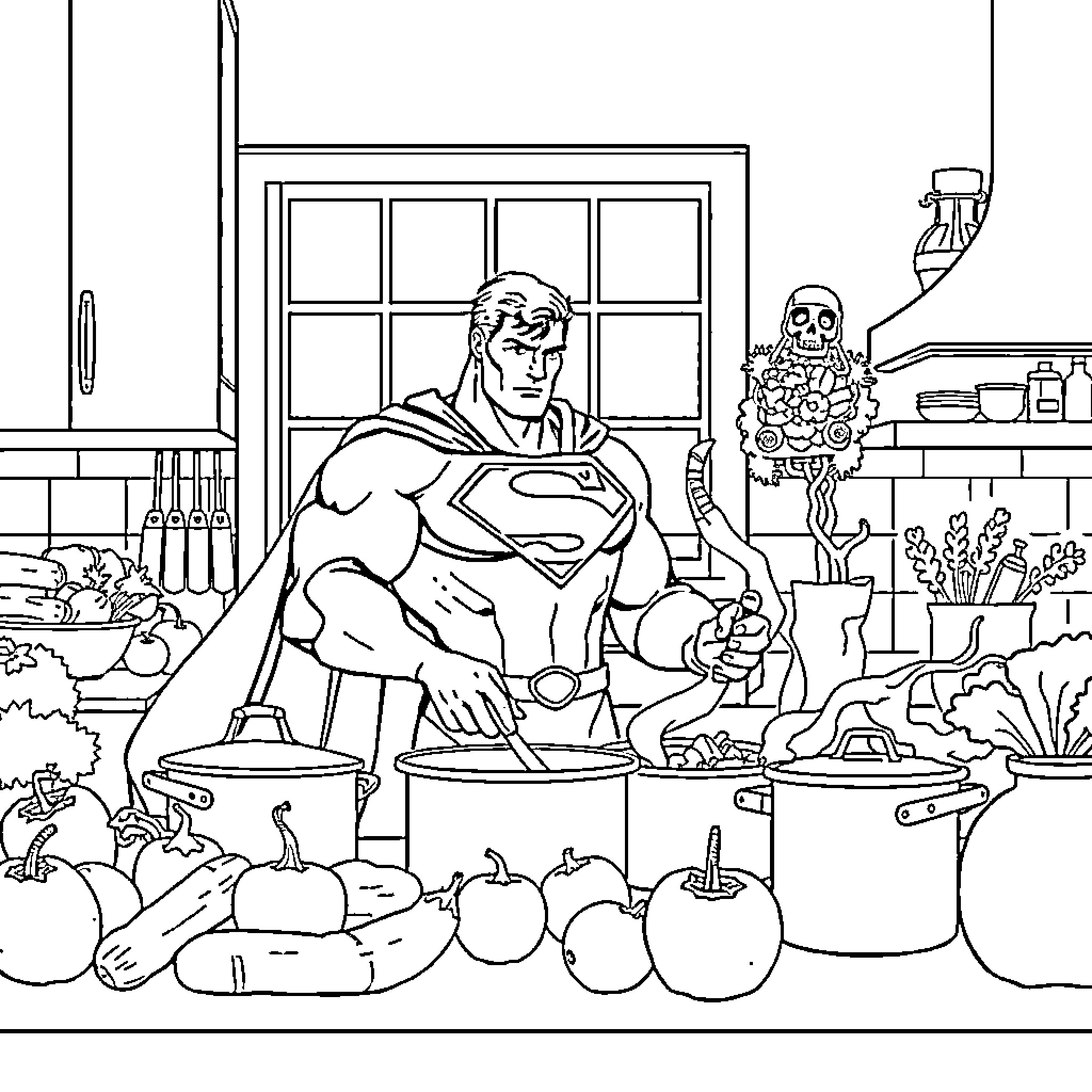 Superman cooking and tending to his garden Coloring Page (free black-and-white line drawing printable PDF for all, from beginners to advanced learners, including children, teens, adults, and seniors)