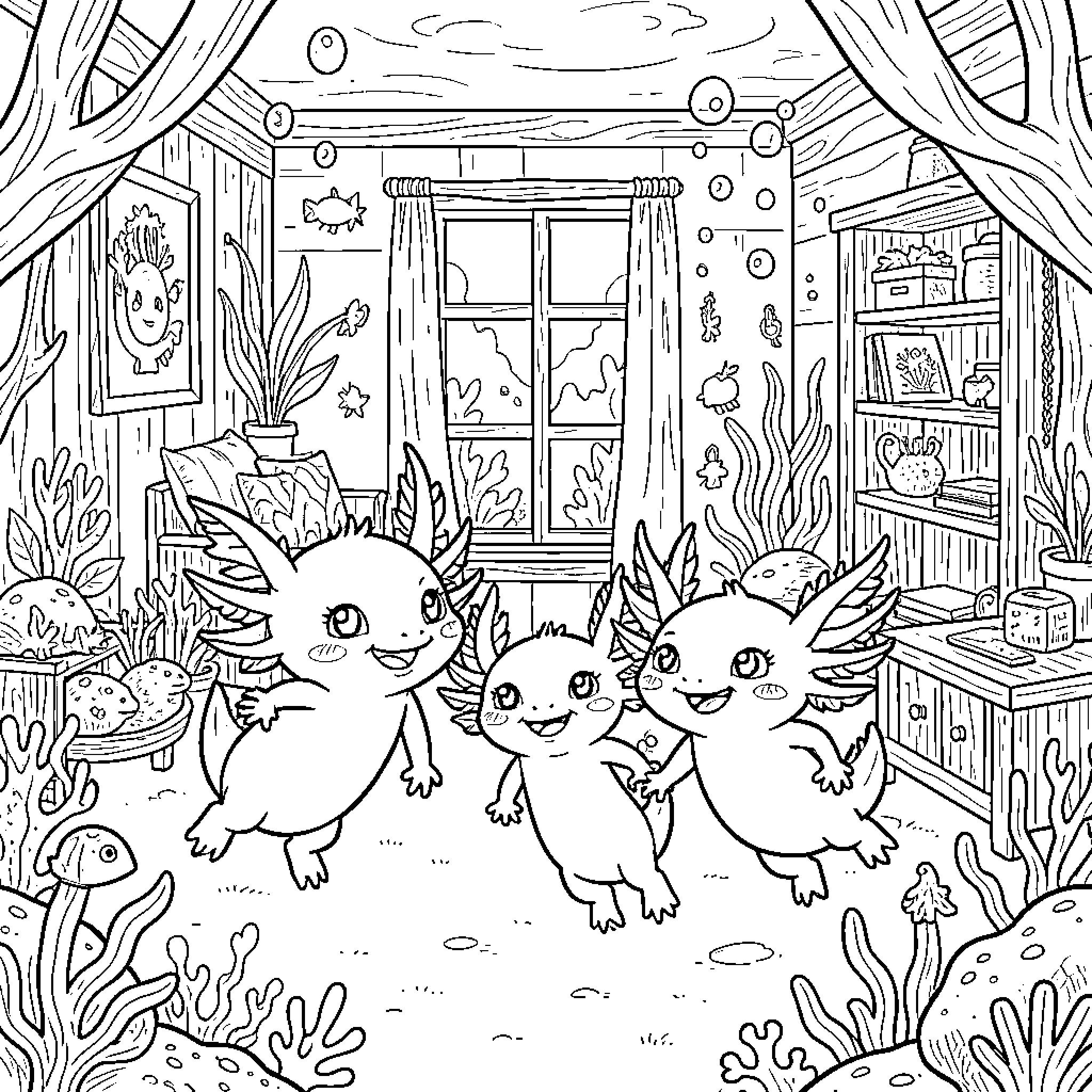 Axolotls playing together in a cozy underwater room Coloring Page (free black-and-white line drawing printable PDF for all, from beginners to advanced learners, including children, teens, adults, and seniors)