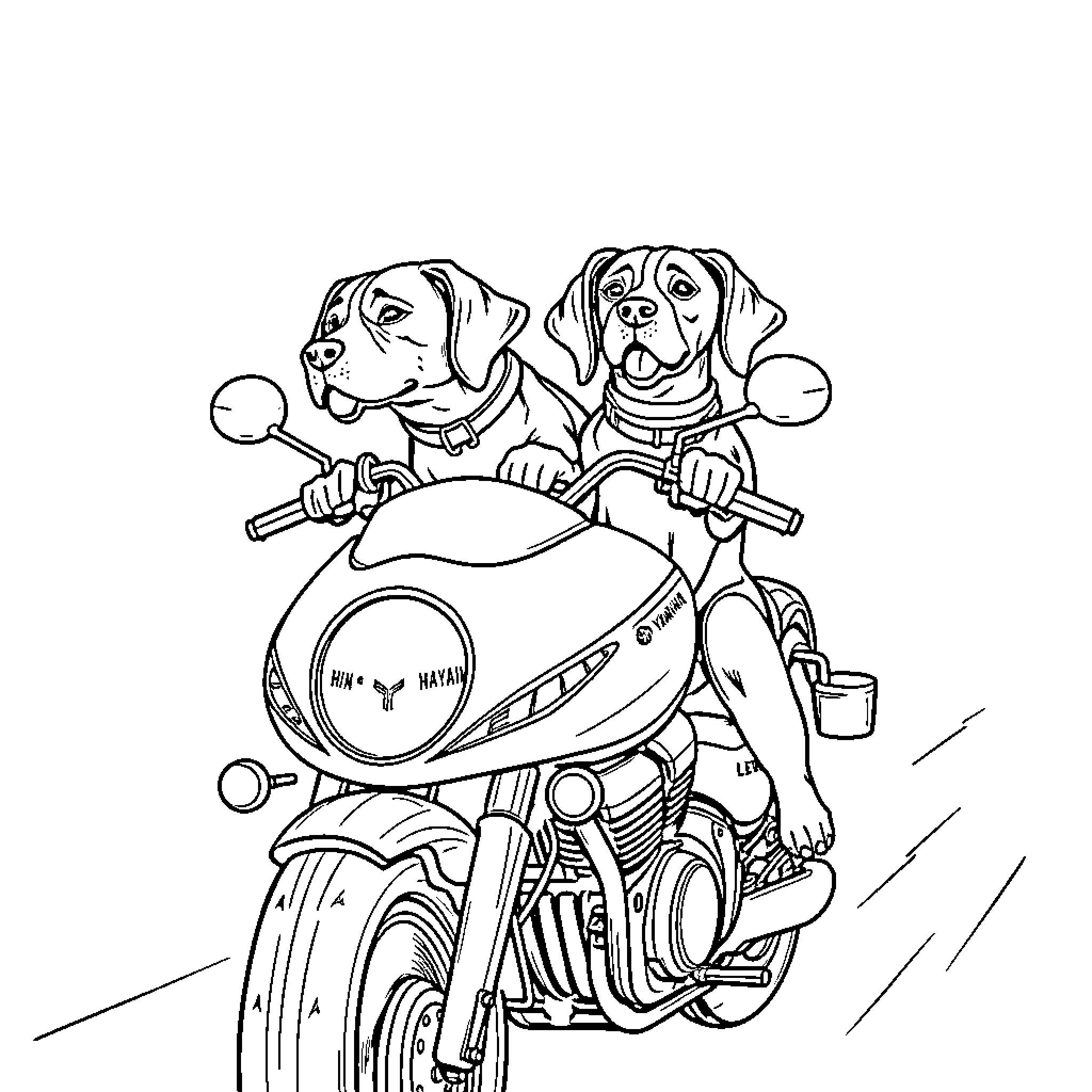 Beagle friends riding a motorcycle together Coloring Page (free black-and-white line drawing printable PDF for all, from beginners to advanced learners, including children, teens, adults, and seniors)