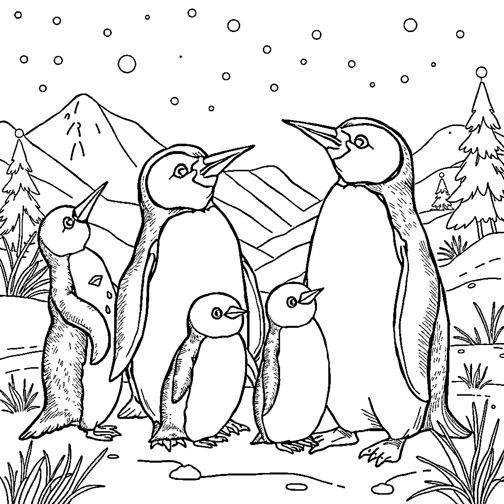 Lutins Penguins Enjoying the Snowy Landscape Coloring Page (free black-and-white line drawing printable PDF for all, from beginners to advanced learners, including children, teens, adults, and seniors)