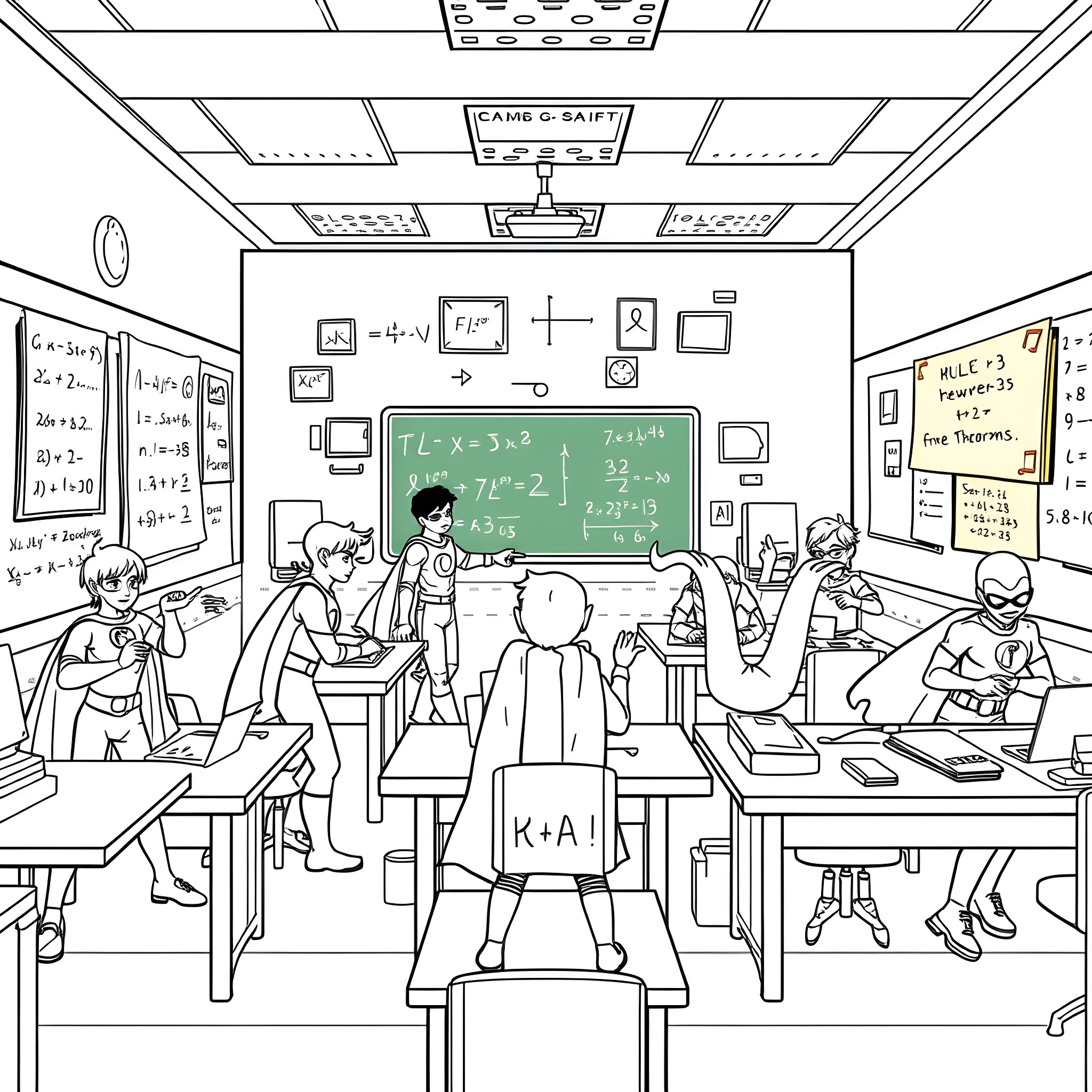 Superheroes in the Classroom: Problem-Solving Session Coloring Page (free black-and-white line drawing printable PDF for all, from beginners to advanced learners, including children, teens, adults, and seniors)