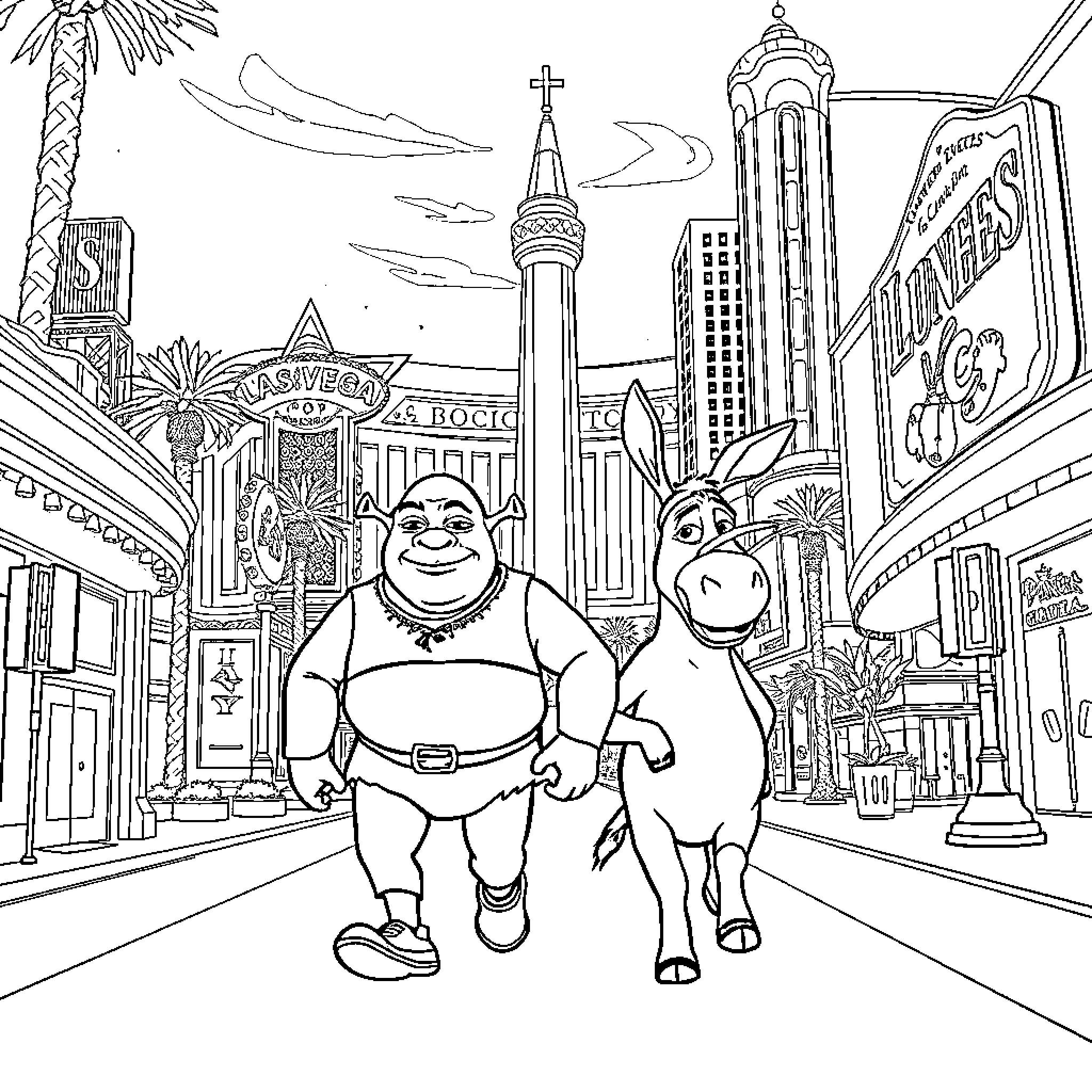 Shrek and Donkey Exploring the City Coloring Page (free black-and-white line drawing printable PDF for all, from beginners to advanced learners, including children, teens, adults, and seniors)