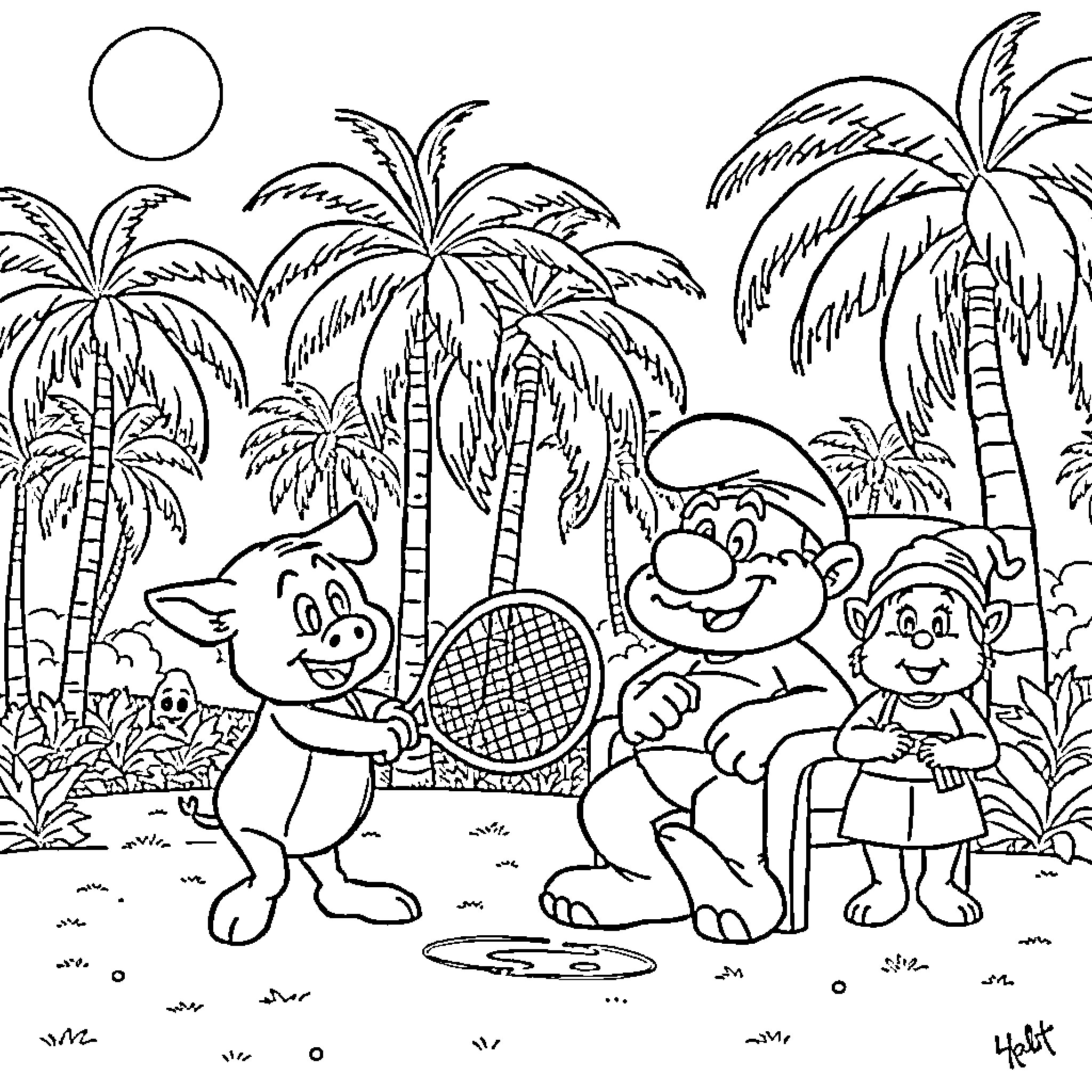 Pigs playing happily with toys in tropical paradise Coloring Page (free black-and-white line drawing printable PDF for all, from beginners to advanced learners, including children, teens, adults, and seniors)