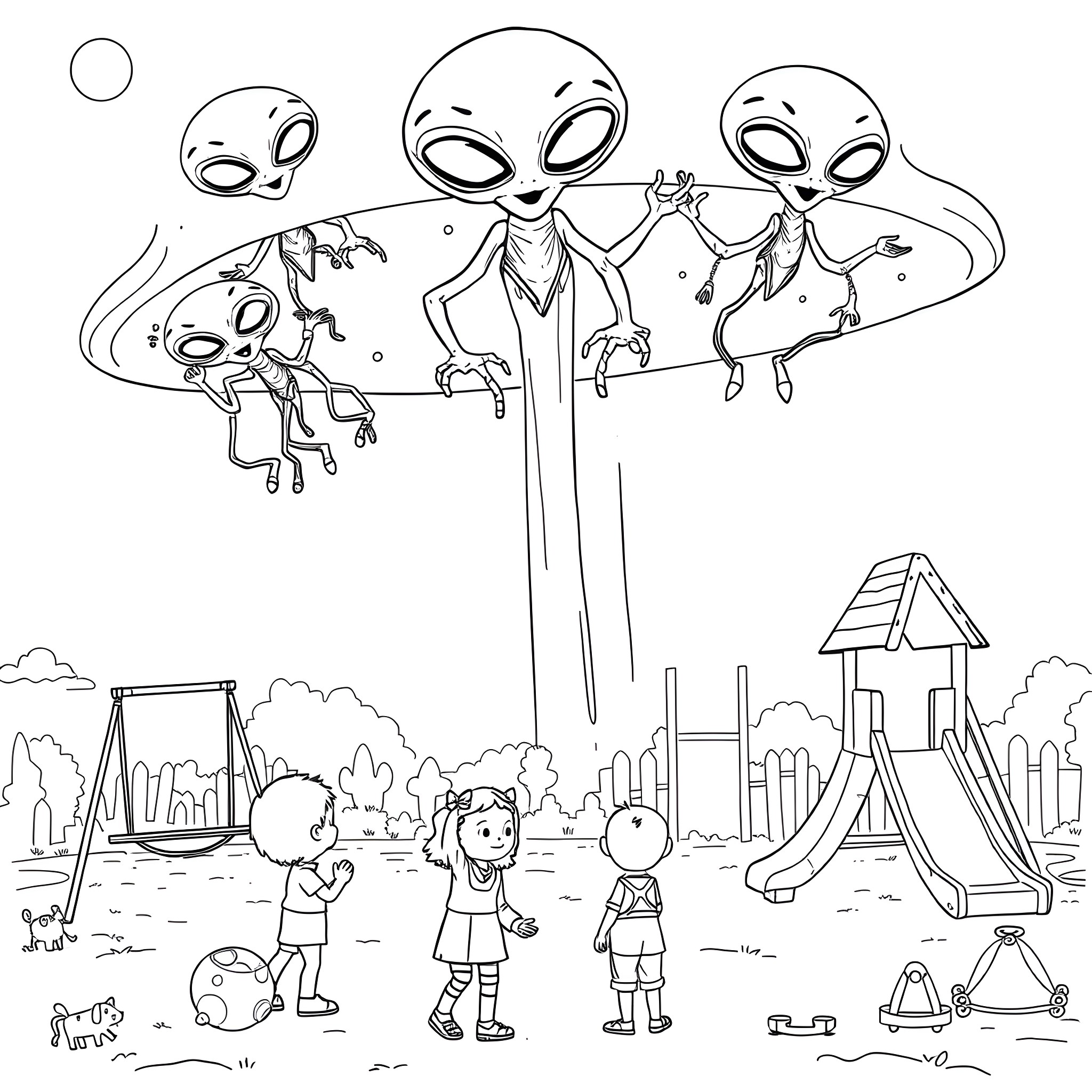 Alien children playing at the park with UFOs Coloring Page (free black-and-white line drawing printable PDF for all, from beginners to advanced learners, including children, teens, adults, and seniors)