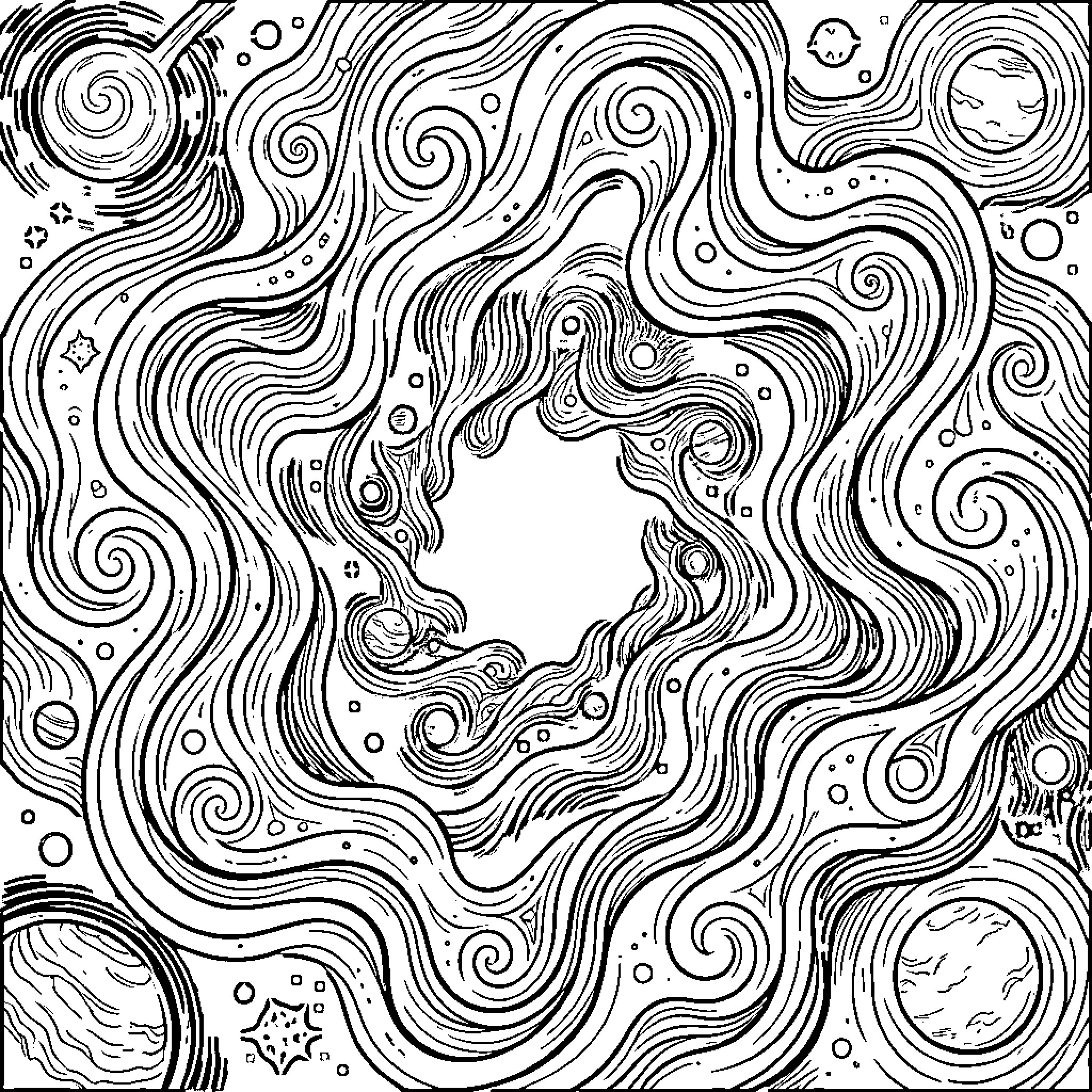 Void of Swirling Chaos and Cosmic Patterns Coloring Page (free black-and-white line drawing printable PDF for all, from beginners to advanced learners, including children, teens, adults, and seniors)