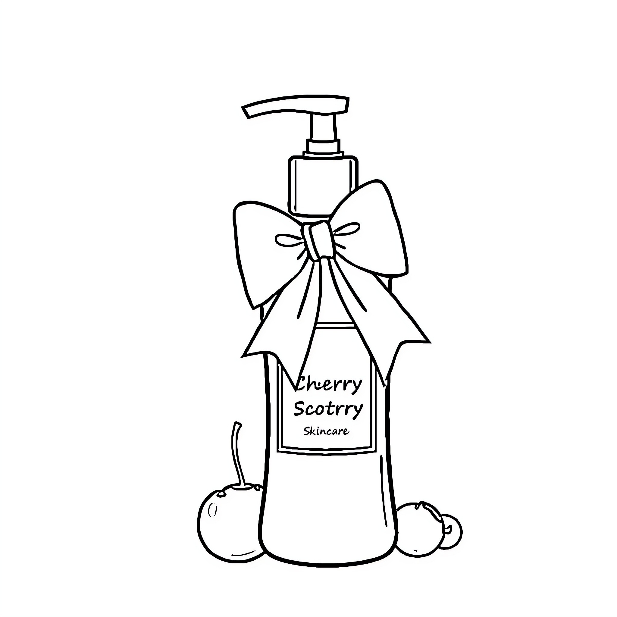 Cherry-themed skincare bottle with bow Coloring Page (free black-and-white line drawing printable PDF for all, from beginners to advanced learners, including children, teens, adults, and seniors)