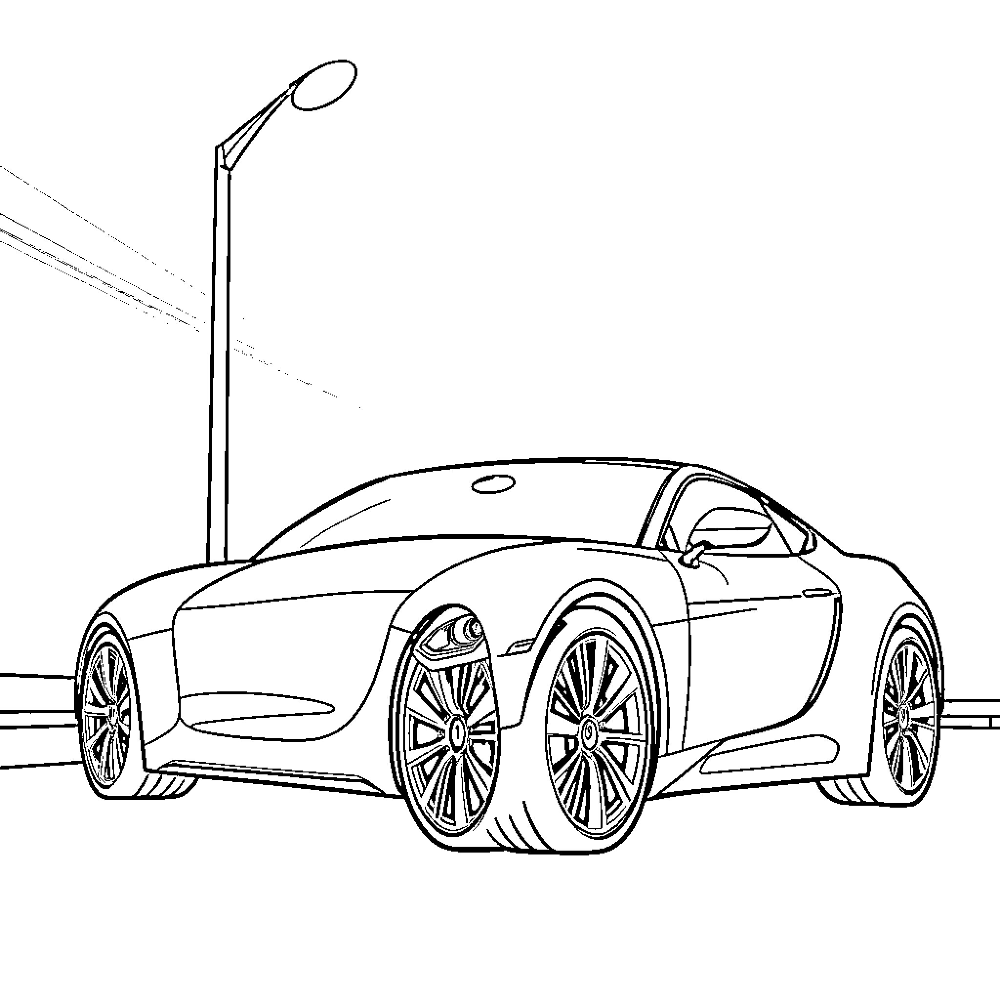 E-5008 High-end Sports Car on City Street Coloring Page (free black-and-white line drawing printable PDF for all, from beginners to advanced learners, including children, teens, adults, and seniors)
