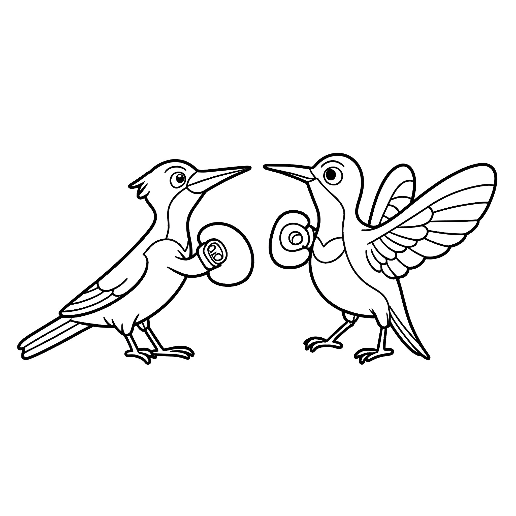 Woodpeckers in a playful dance Coloring Page (free black-and-white line drawing printable PDF for all, from beginners to advanced learners, including children, teens, adults, and seniors)