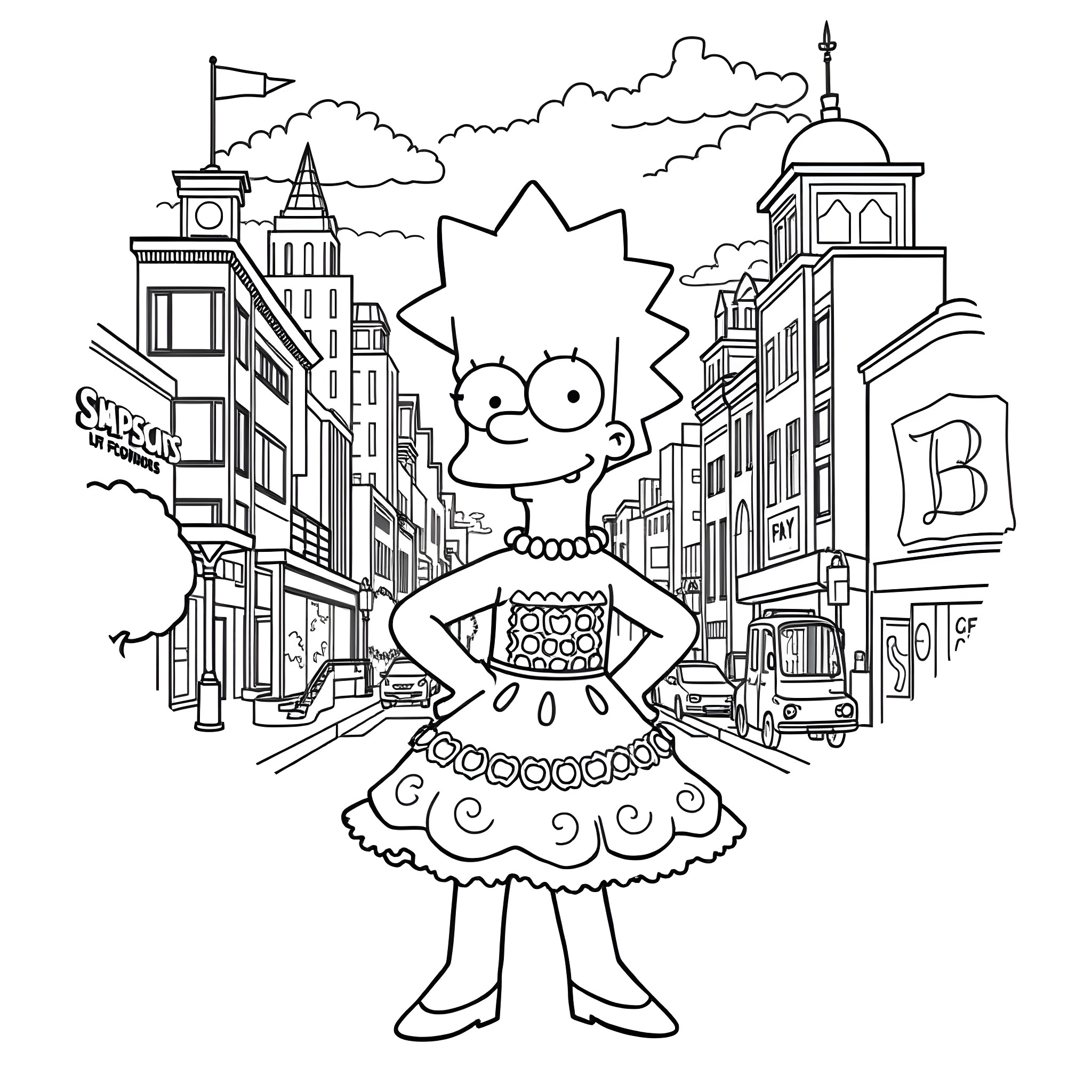 Bart Simpson in a Whimsical City Scene Coloring Page (free black-and-white line drawing printable PDF for all, from beginners to advanced learners, including children, teens, adults, and seniors)
