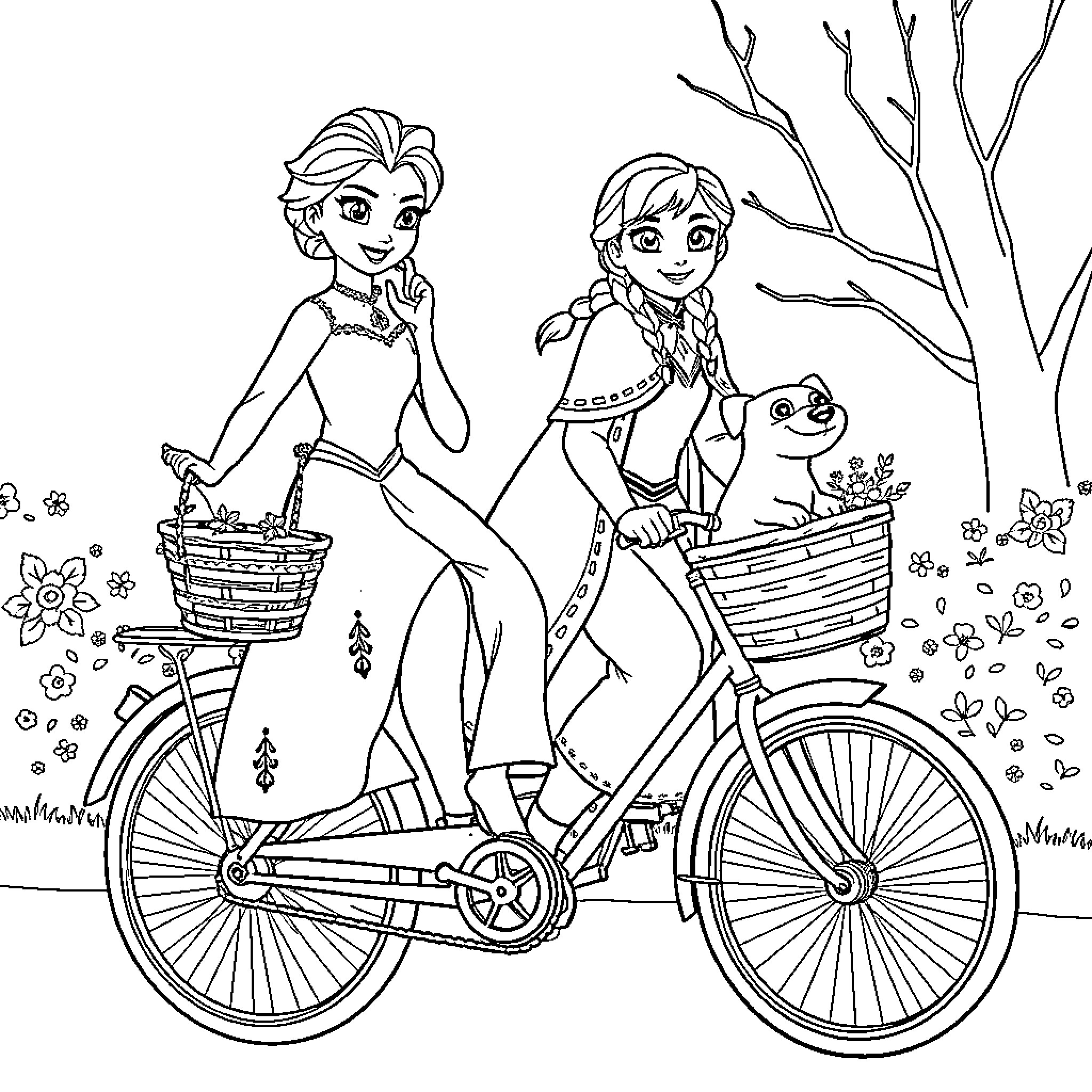 Elsa and Anna's Spring Bicycle Adventure Coloring Page (free black-and-white line drawing printable PDF for all, from beginners to advanced learners, including children, teens, adults, and seniors)