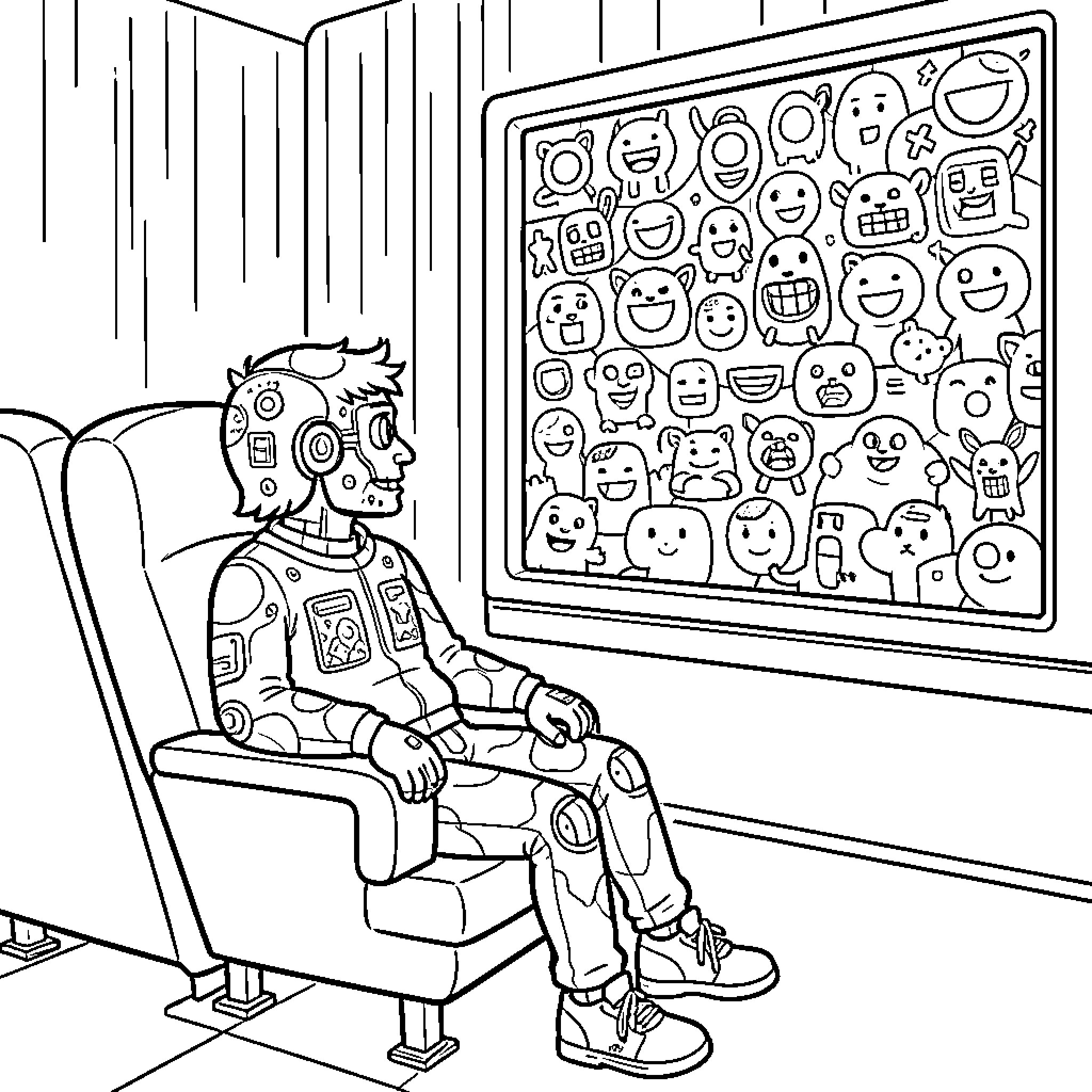 Calico Characters in the Exhibition Hall Coloring Page (free black-and-white line drawing printable PDF for all, from beginners to advanced learners, including children, teens, adults, and seniors)
