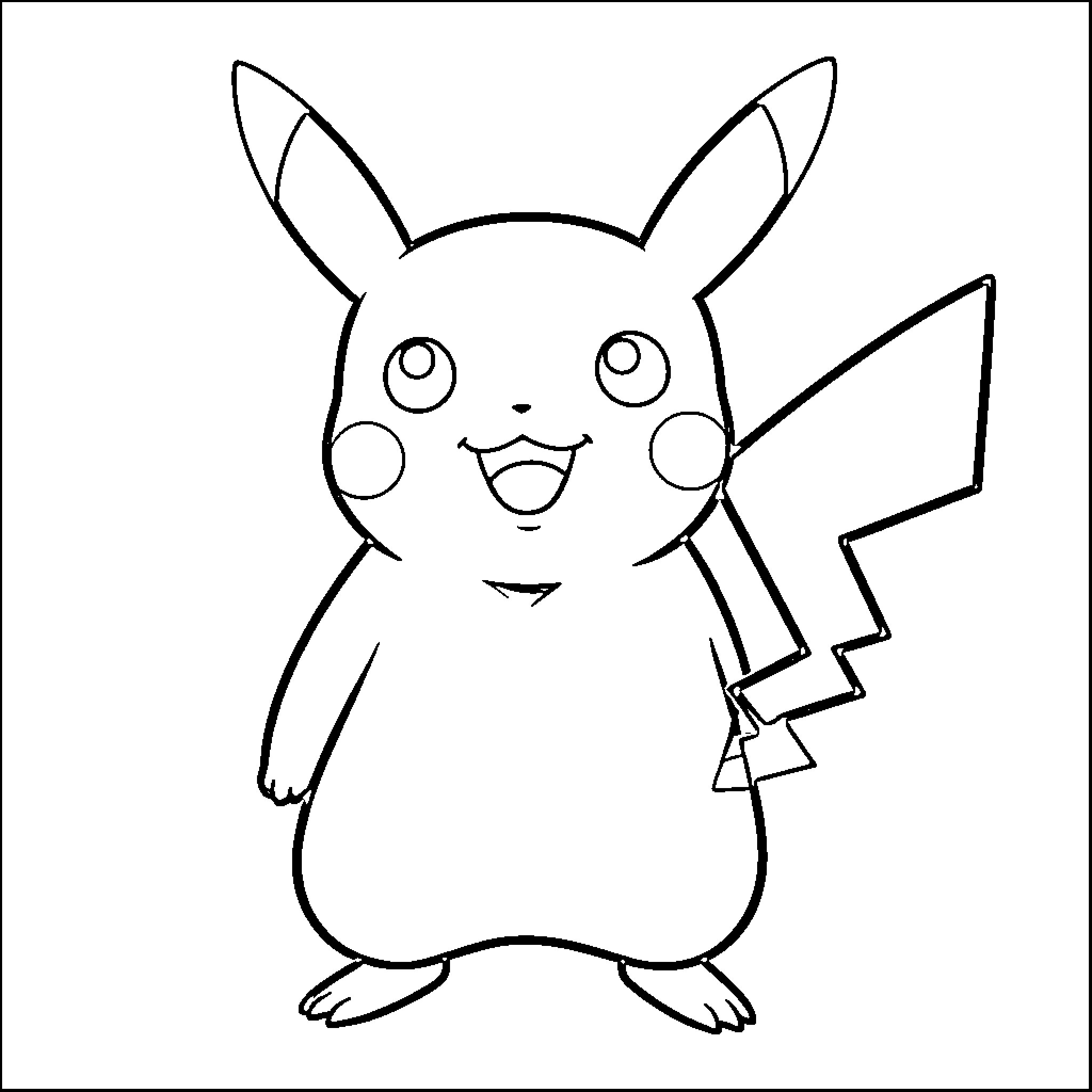Pikachu standing and smiling joyfully Coloring Page (free black-and-white line drawing printable PDF for all, from beginners to advanced learners, including children, teens, adults, and seniors)
