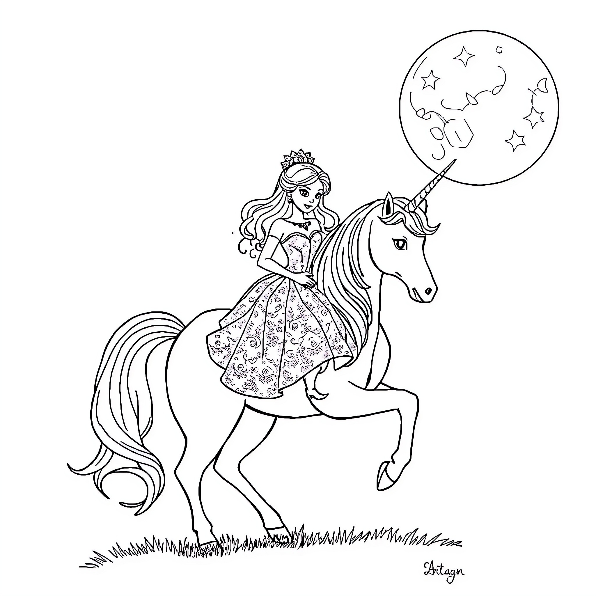 Princess Riding Unicorn Under Starry Night Coloring Page (free black-and-white line drawing printable PDF for all, from beginners to advanced learners, including children, teens, adults, and seniors)