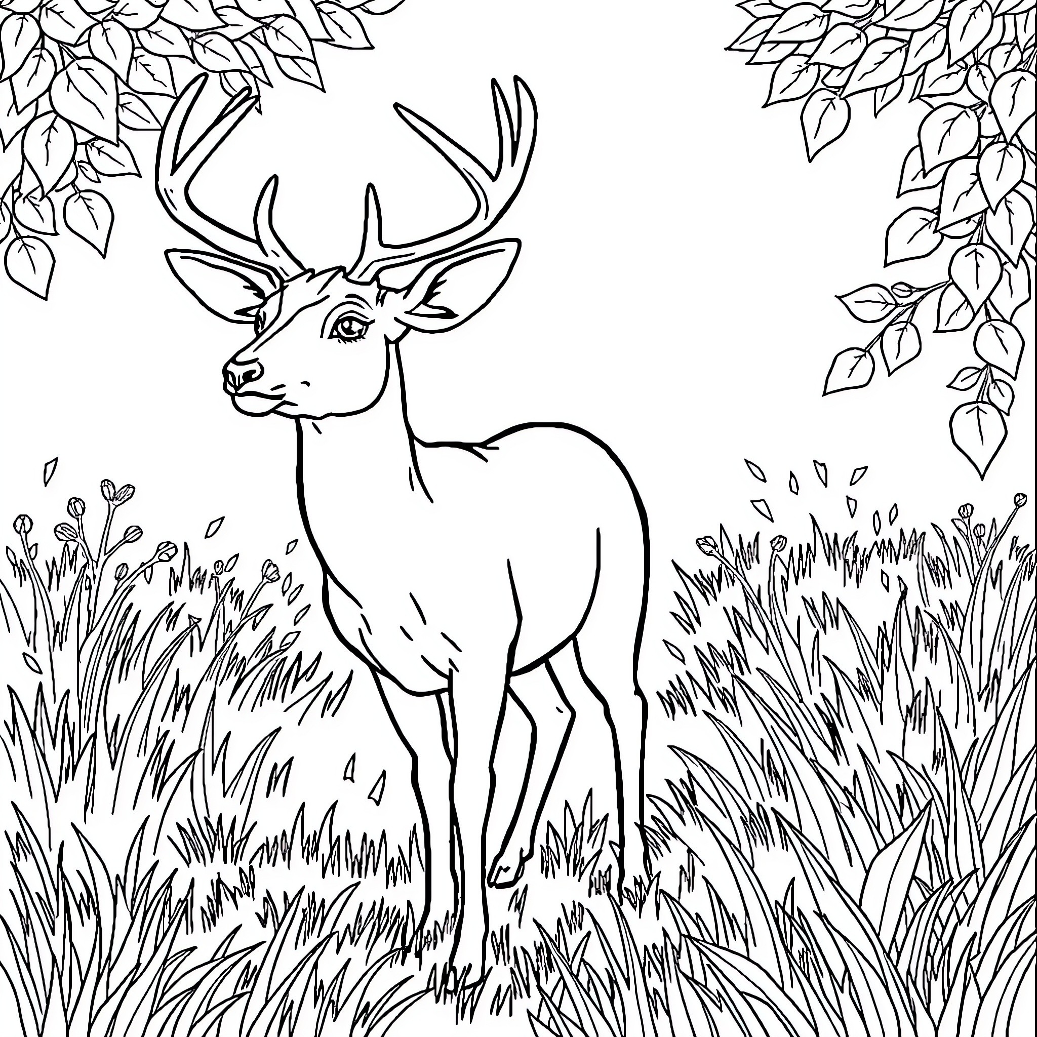 Deer standing amid foliage in tranquil scene Coloring Page (free black-and-white line drawing printable PDF for all, from beginners to advanced learners, including children, teens, adults, and seniors)
