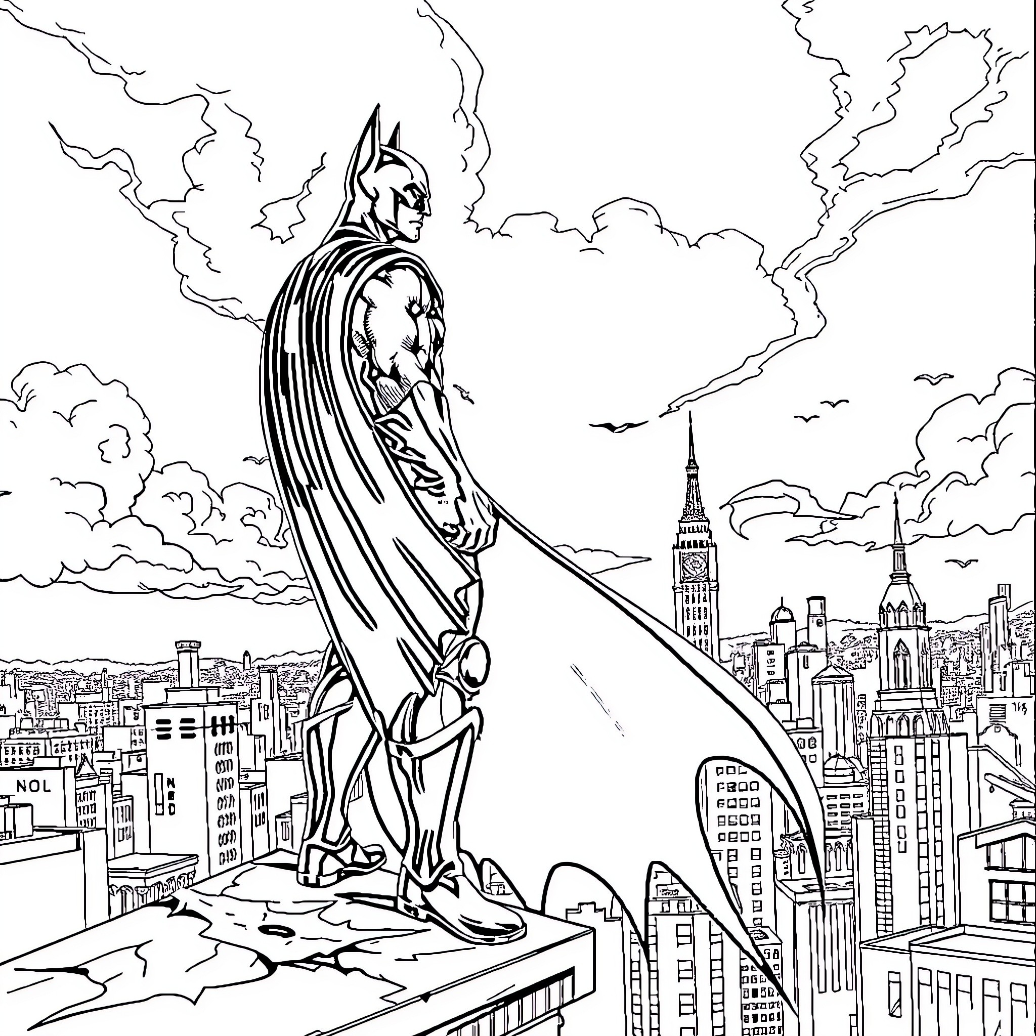 Batman surveying the city from a rooftop Coloring Page (free black-and-white line drawing printable PDF for all, from beginners to advanced learners, including children, teens, adults, and seniors)