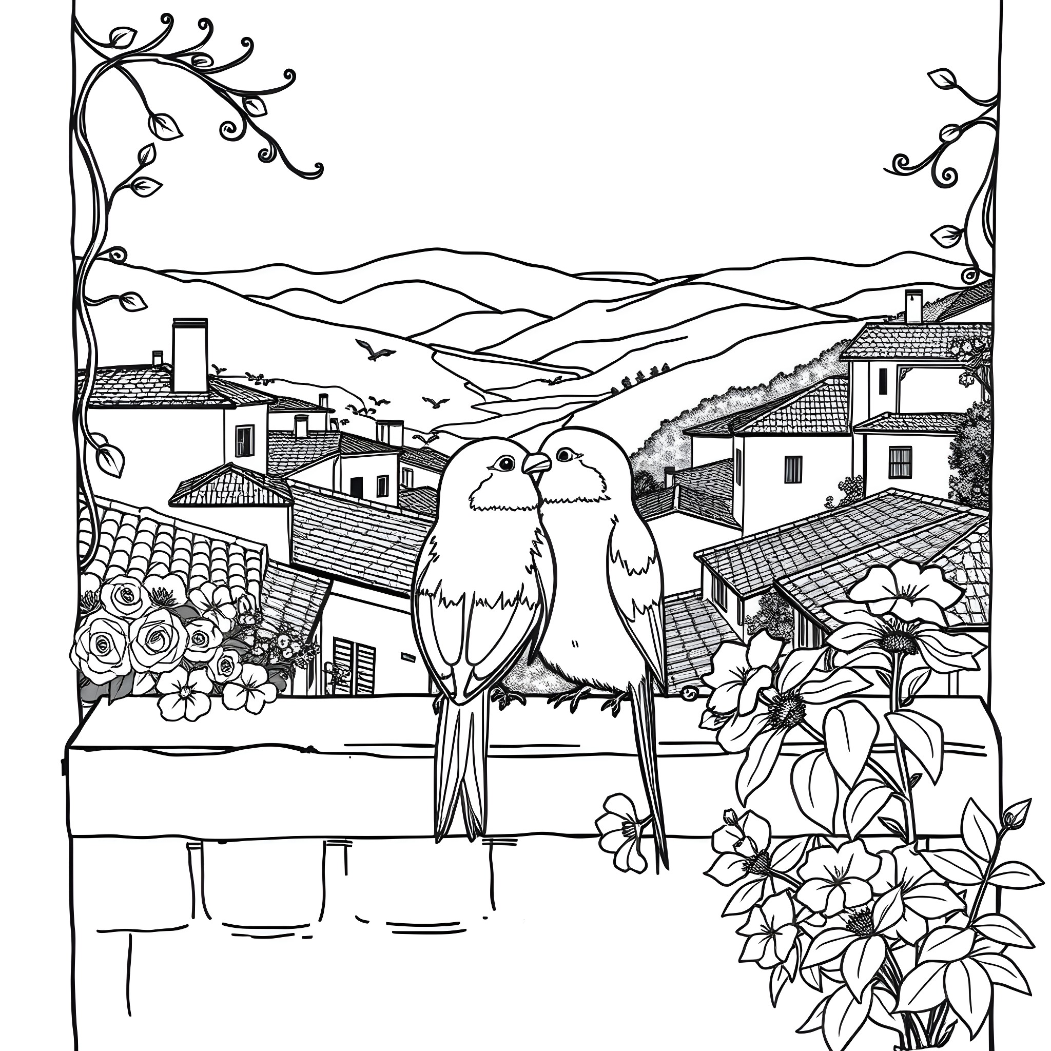 Love Birds Perched in a Serene Pastoral Scene Coloring Page (free black-and-white line drawing printable PDF for all, from beginners to advanced learners, including children, teens, adults, and seniors)