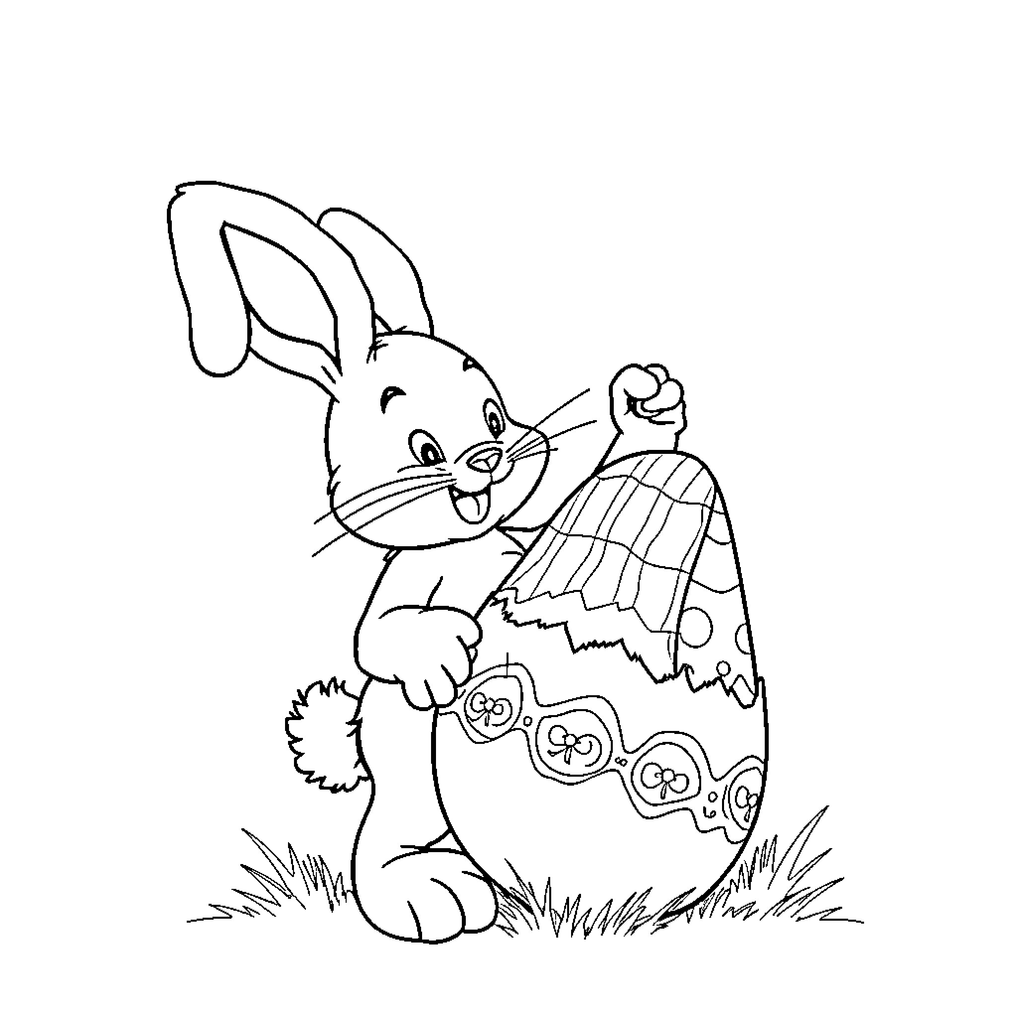 Easter Bunny happily holding a decorated egg Coloring Page (free black-and-white line drawing printable PDF for all, from beginners to advanced learners, including children, teens, adults, and seniors)