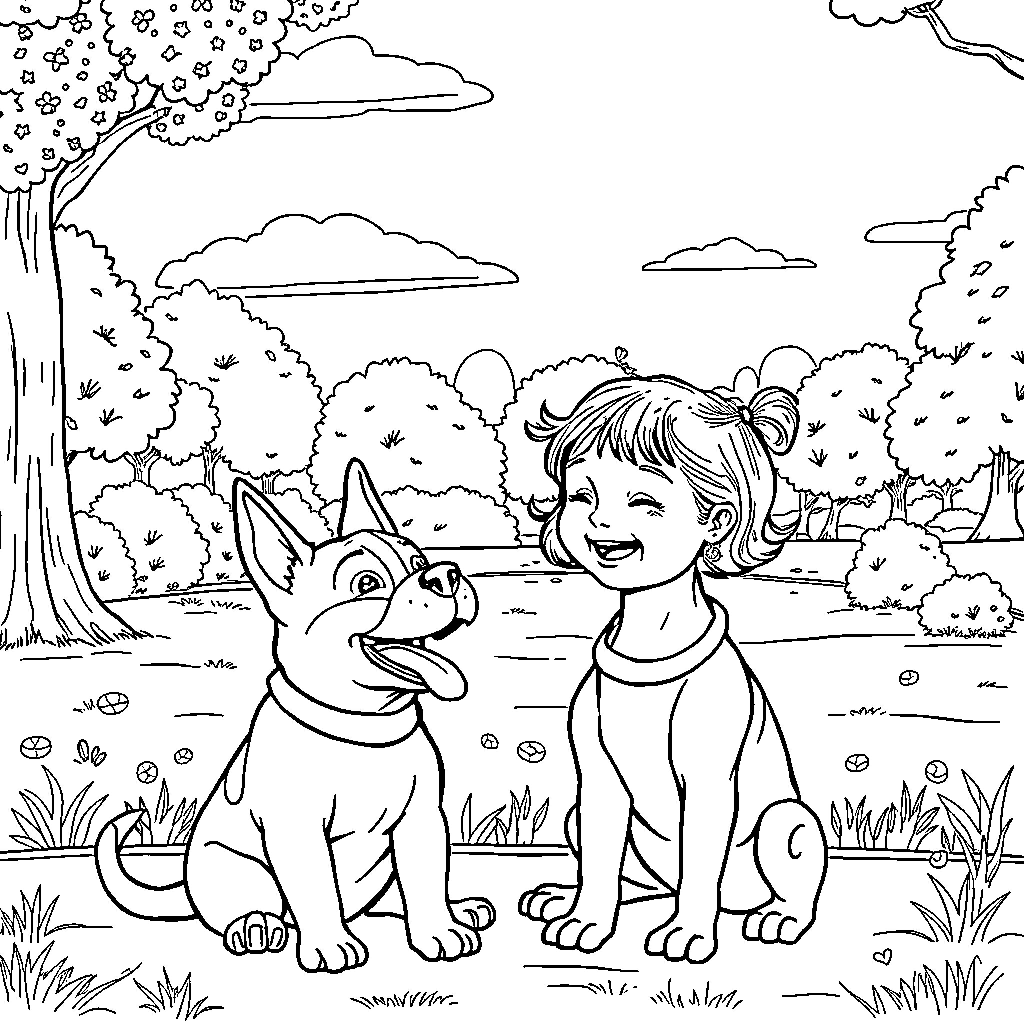 Baby Girl and Her Friendly Companion Coloring Page (free black-and-white line drawing printable PDF for all, from beginners to advanced learners, including children, teens, adults, and seniors)