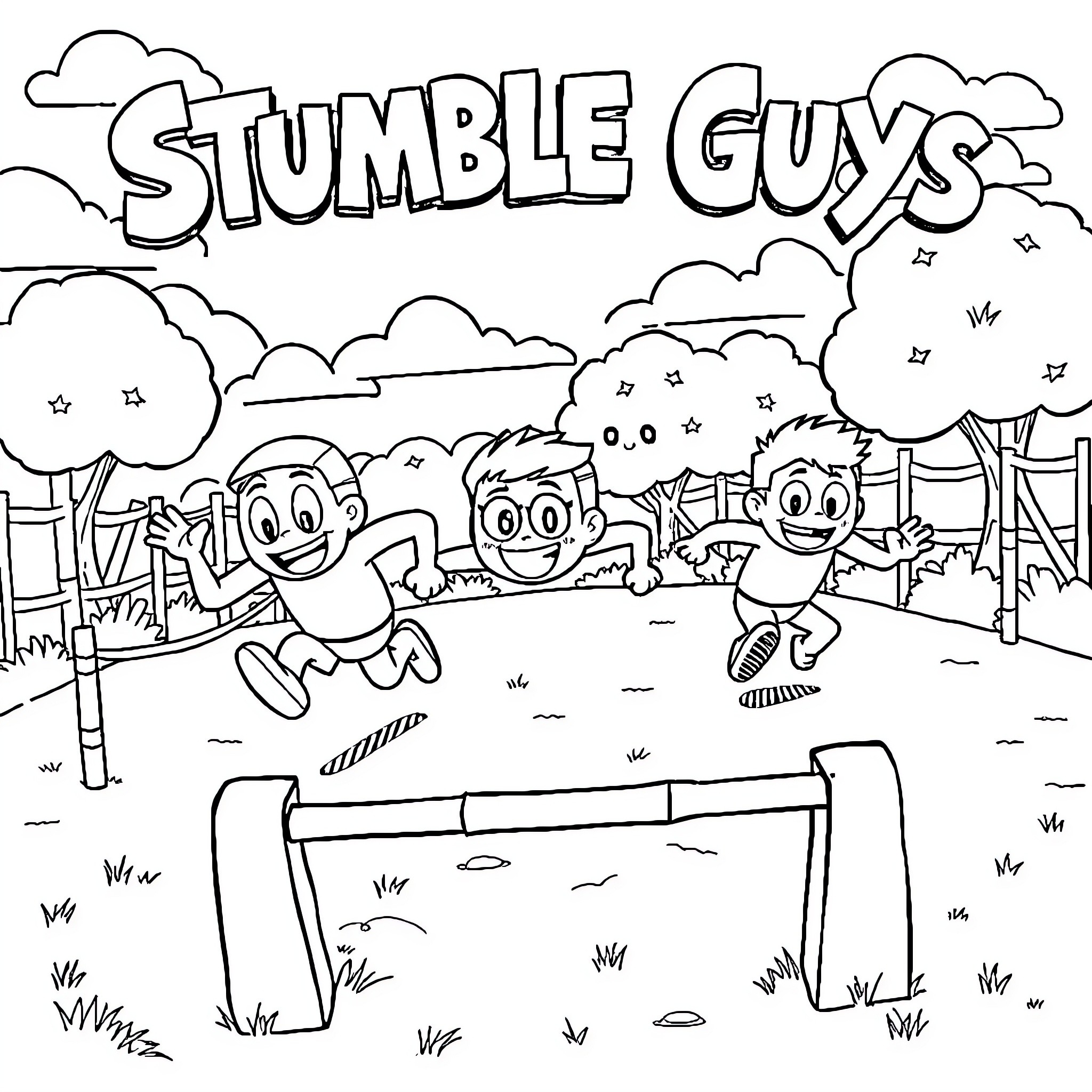 Stumble Guys playing happily in the park Coloring Page (free black-and-white line drawing printable PDF for all, from beginners to advanced learners, including children, teens, adults, and seniors)