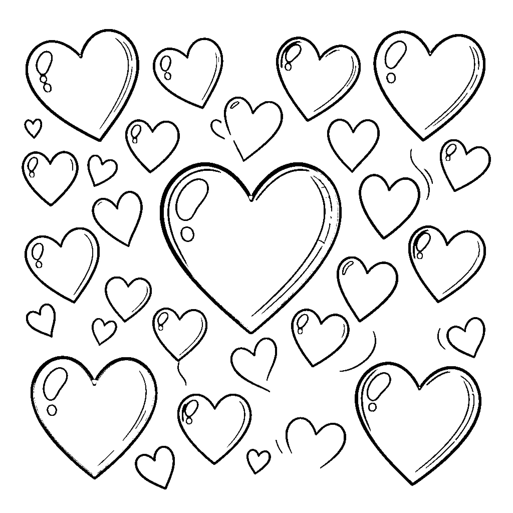 Heart-shaped designs in various sizes and styles Coloring Page (free black-and-white line drawing printable PDF for all, from beginners to advanced learners, including children, teens, adults, and seniors)