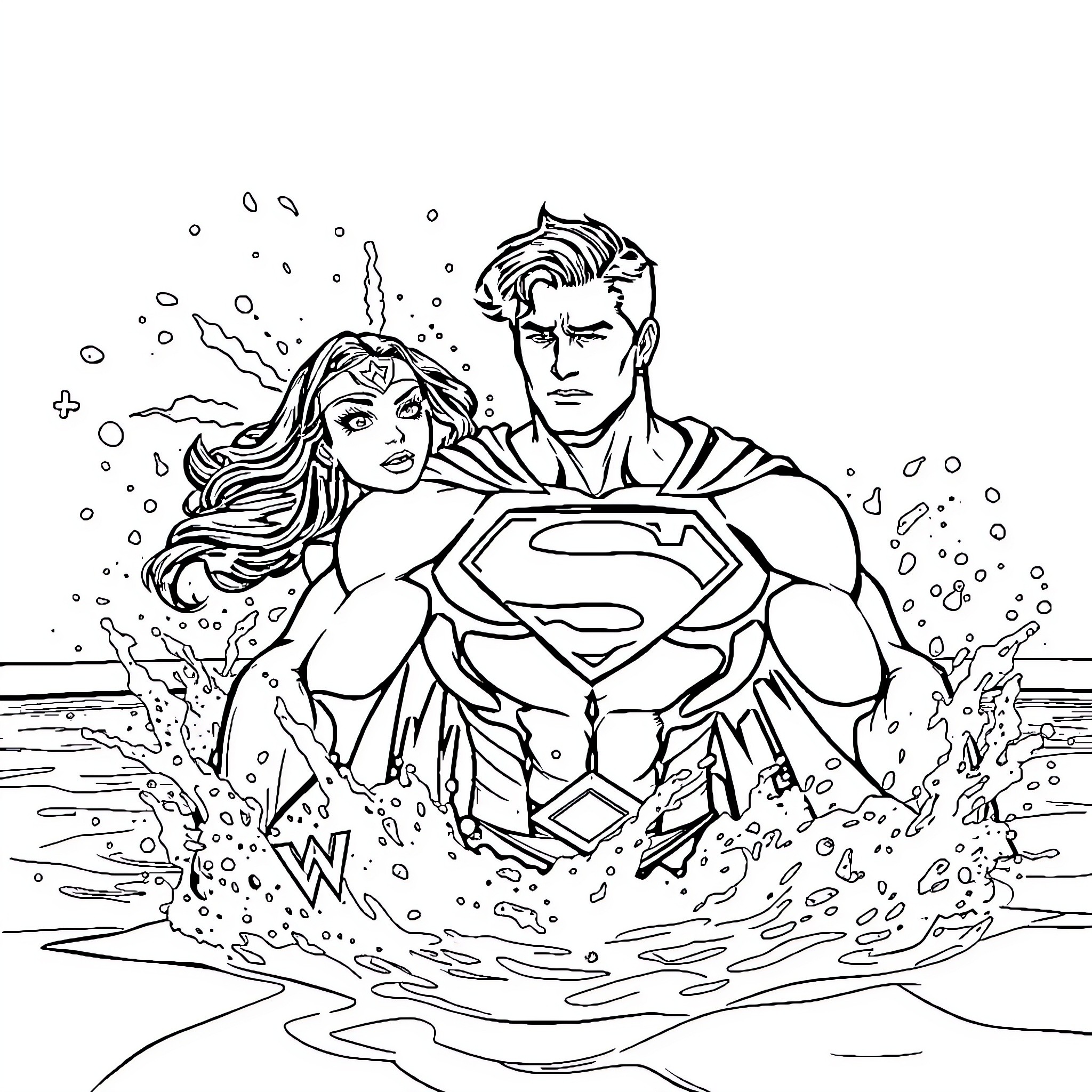 Superman and Wonder Woman in action by the sea Coloring Page (free black-and-white line drawing printable PDF for all, from beginners to advanced learners, including children, teens, adults, and seniors)