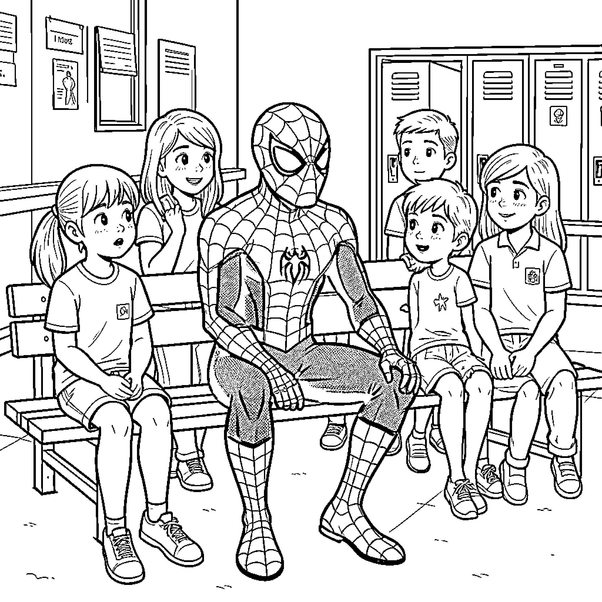 Spider-Man sitting on a bench with school children Coloring Page (free black-and-white line drawing printable PDF for all, from beginners to advanced learners, including children, teens, adults, and seniors)