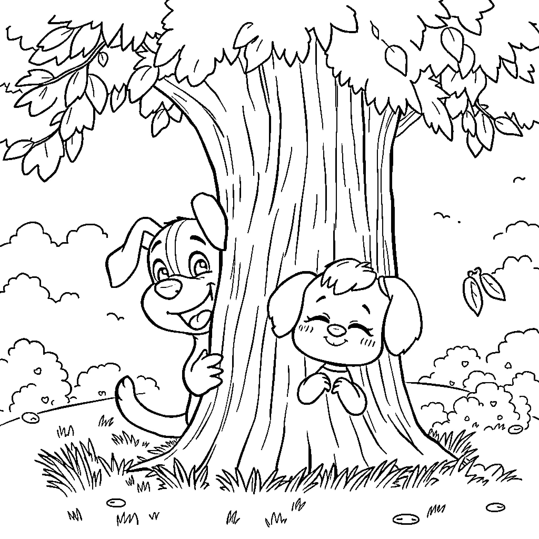 Bluey and Bingo playing hide-and-seek in the forest Coloring Page (free black-and-white line drawing printable PDF for all, from beginners to advanced learners, including children, teens, adults, and seniors)