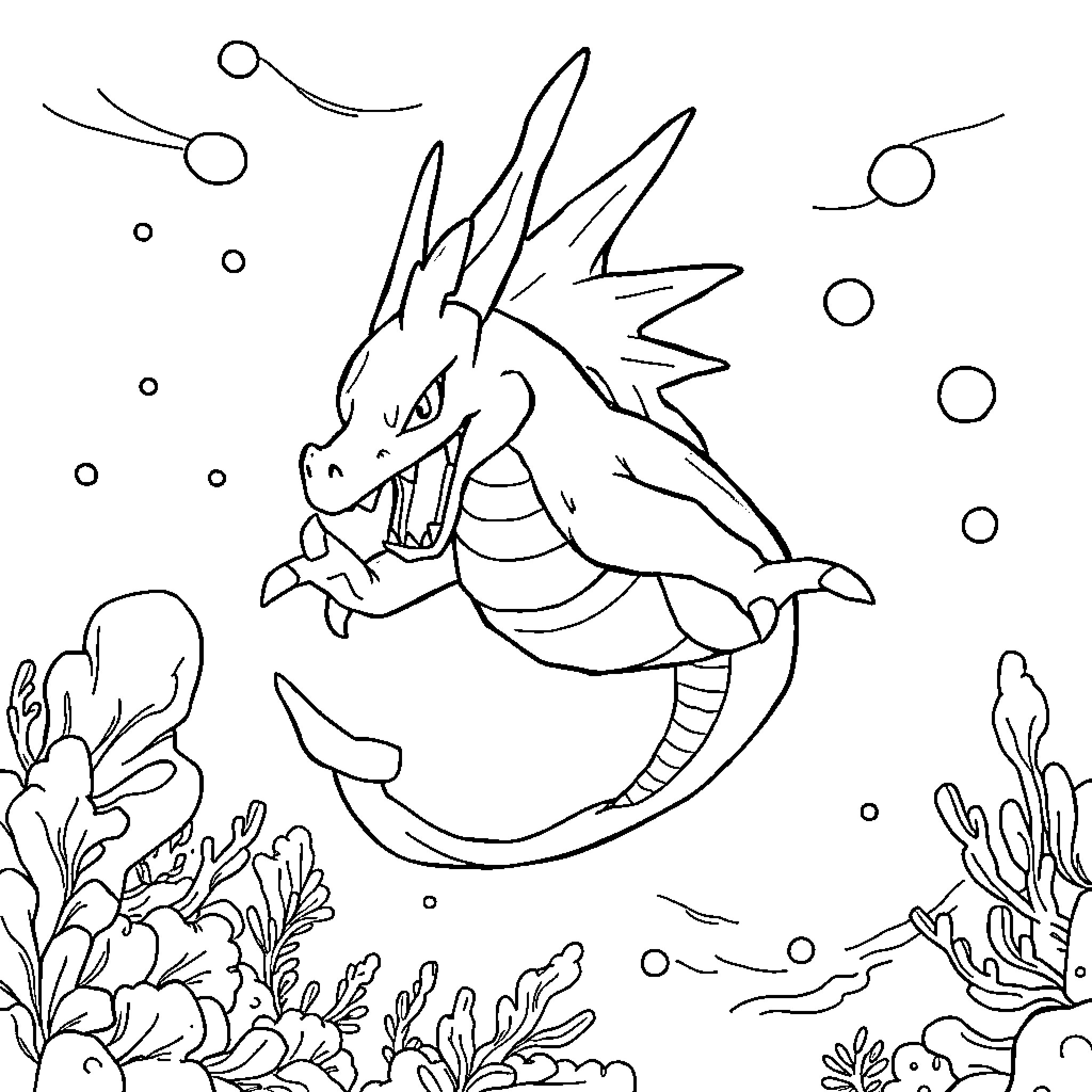 Gyarados swimming fiercely underwater Coloring Page (free black-and-white line drawing printable PDF for all, from beginners to advanced learners, including children, teens, adults, and seniors)