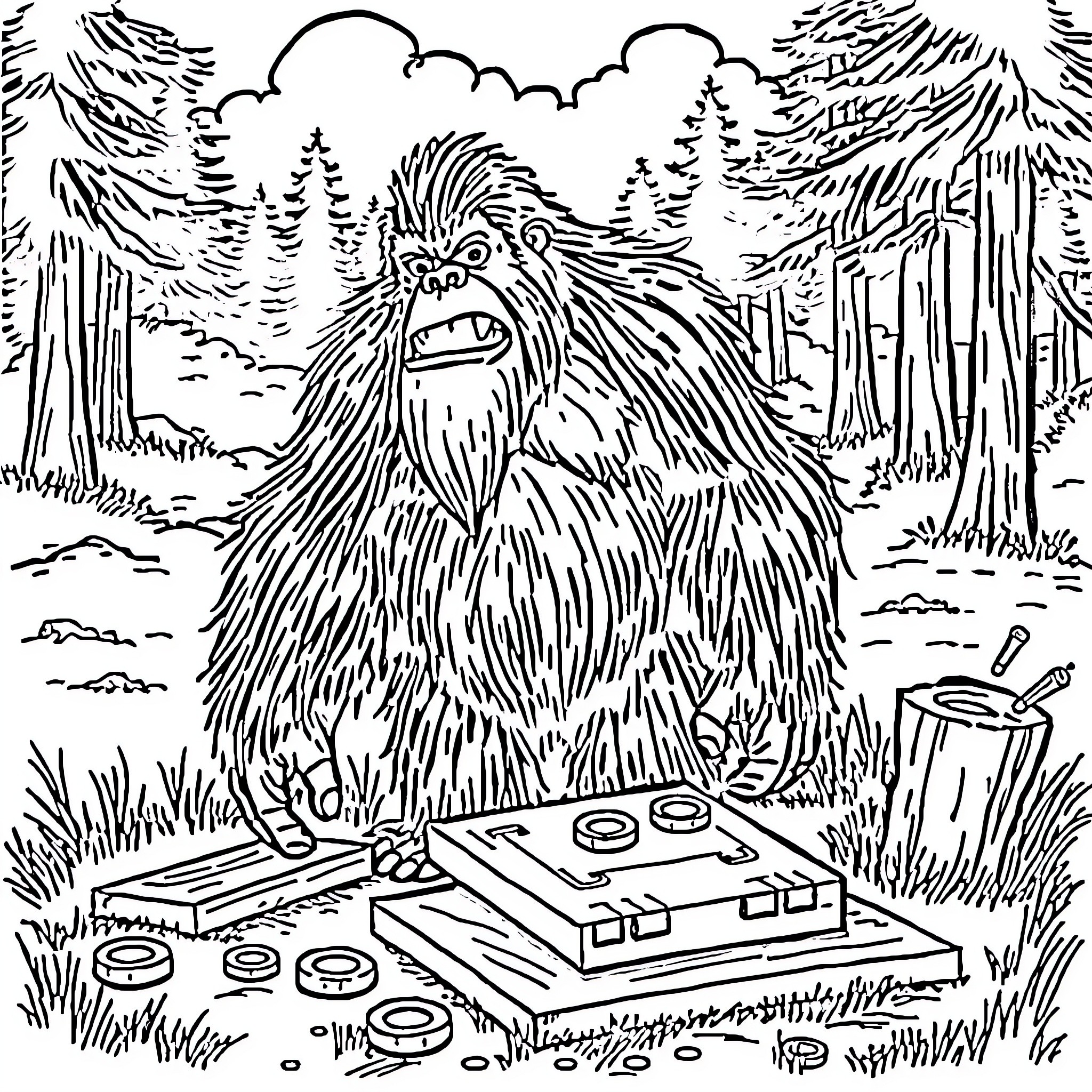Bigfoot playing with electronics in the forest Coloring Page (free black-and-white line drawing printable PDF for all, from beginners to advanced learners, including children, teens, adults, and seniors)